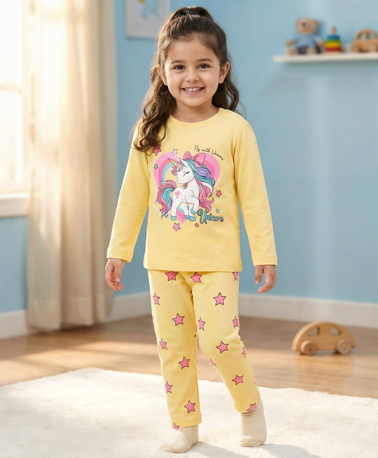Babyhug Cotton Knit Full Sleeves Night Suit With Unicorn Print - Yellow-picture-25