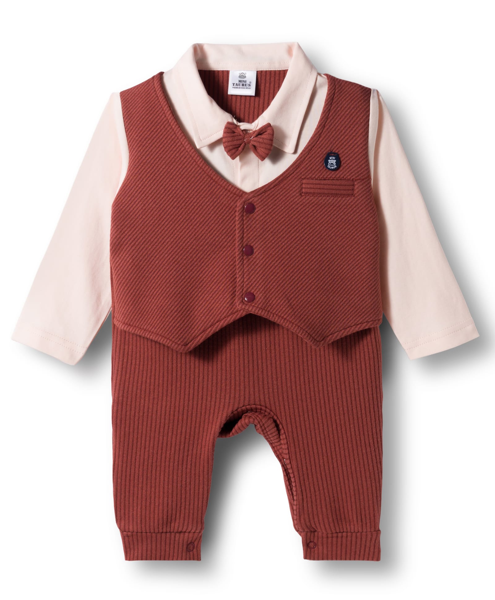 Mini Taurus Interlock Knit Full Sleeves Solid Party Romper With Attached Waistcoat & Bow Applique - Rust-image-12