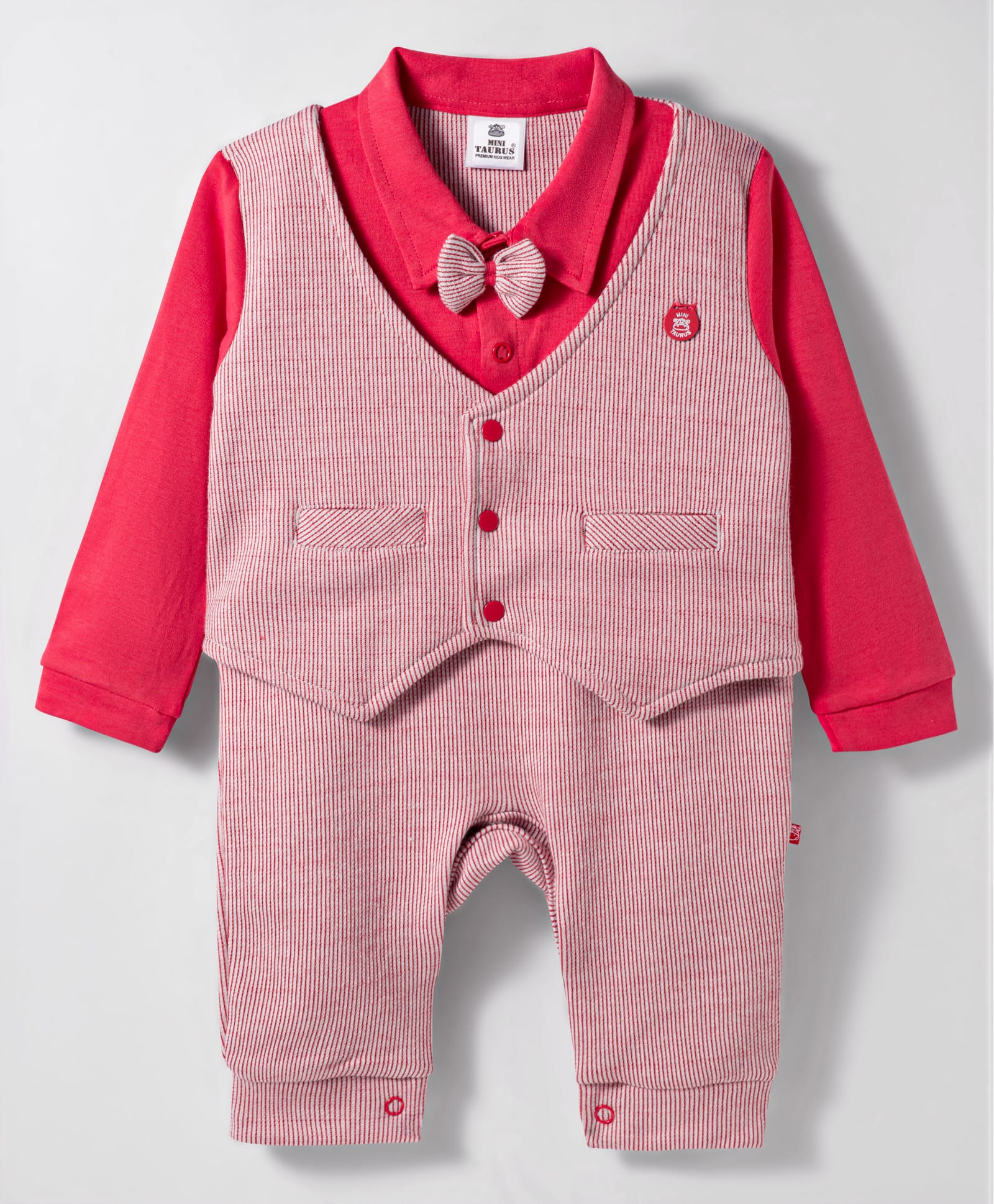 Mini Taurus Interlock Knit Full Sleeves arty Romper with Bow Applique & Stripes - Red-picture-31