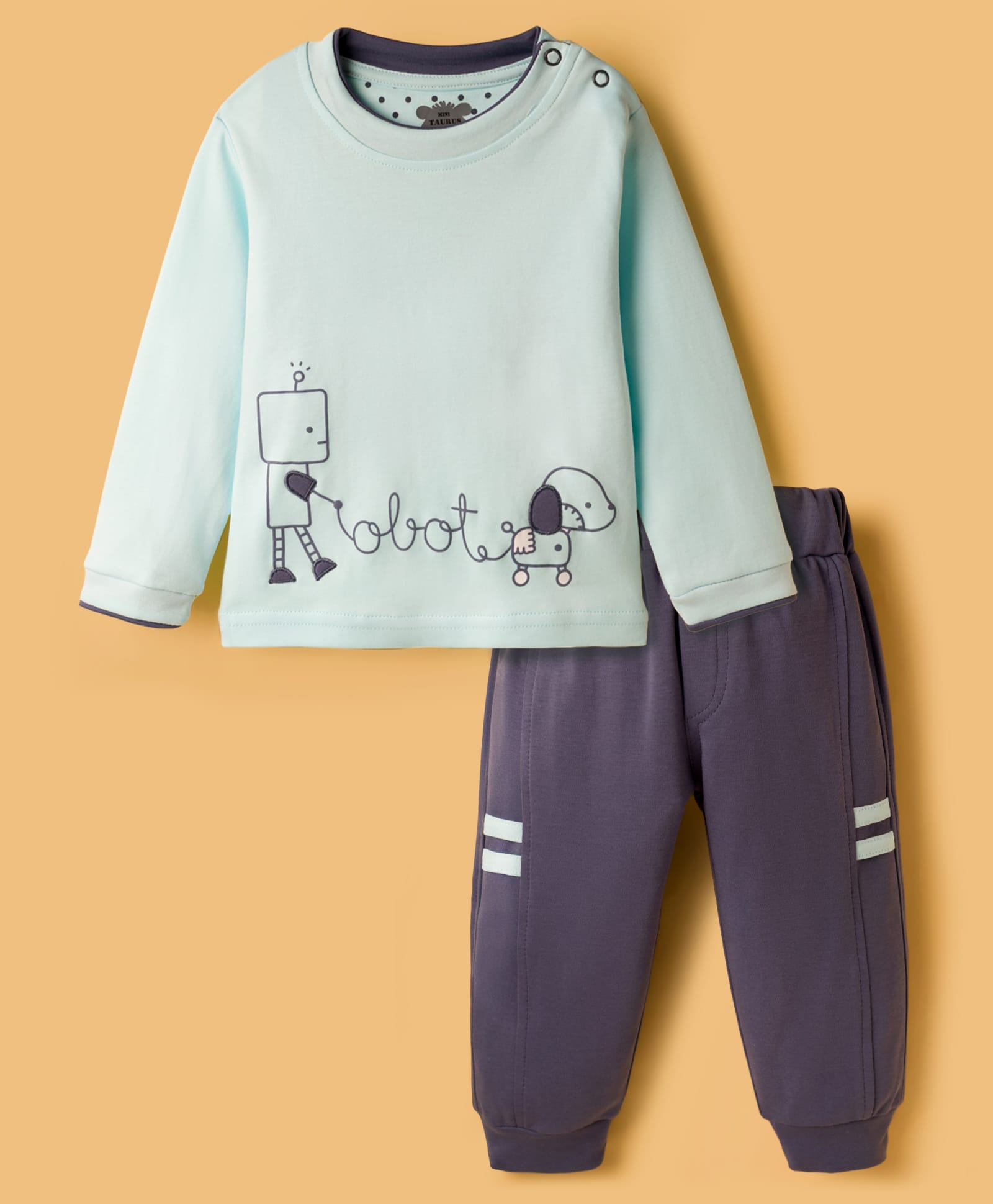 Mini Taurus Interlock Knit Full Sleeves Night Suit with Robo Print - Charcoal Grey-picture-49