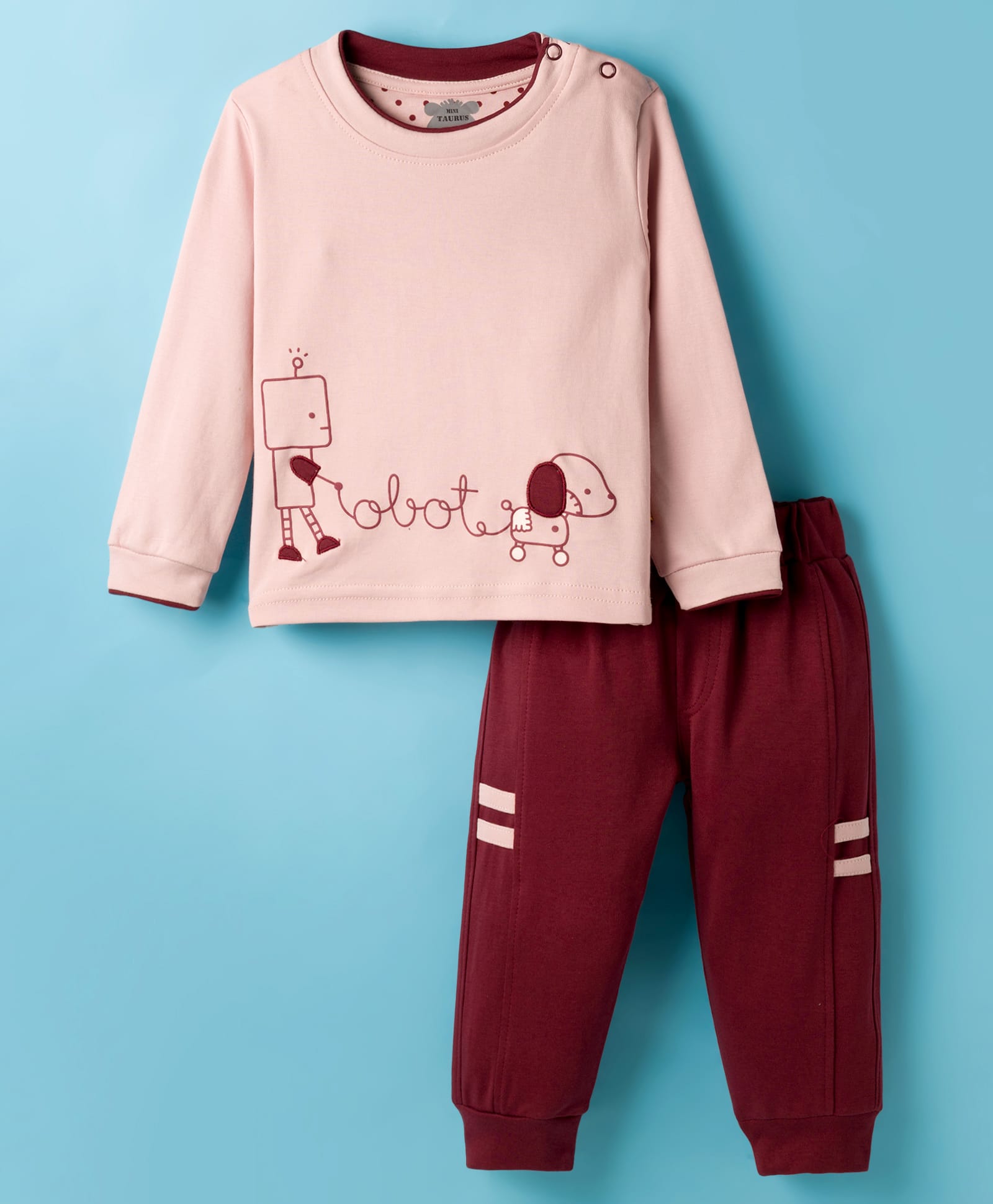Mini Taurus Interlock Knit Full Sleeves Night Suit with Robo Print - Maroon-image-33