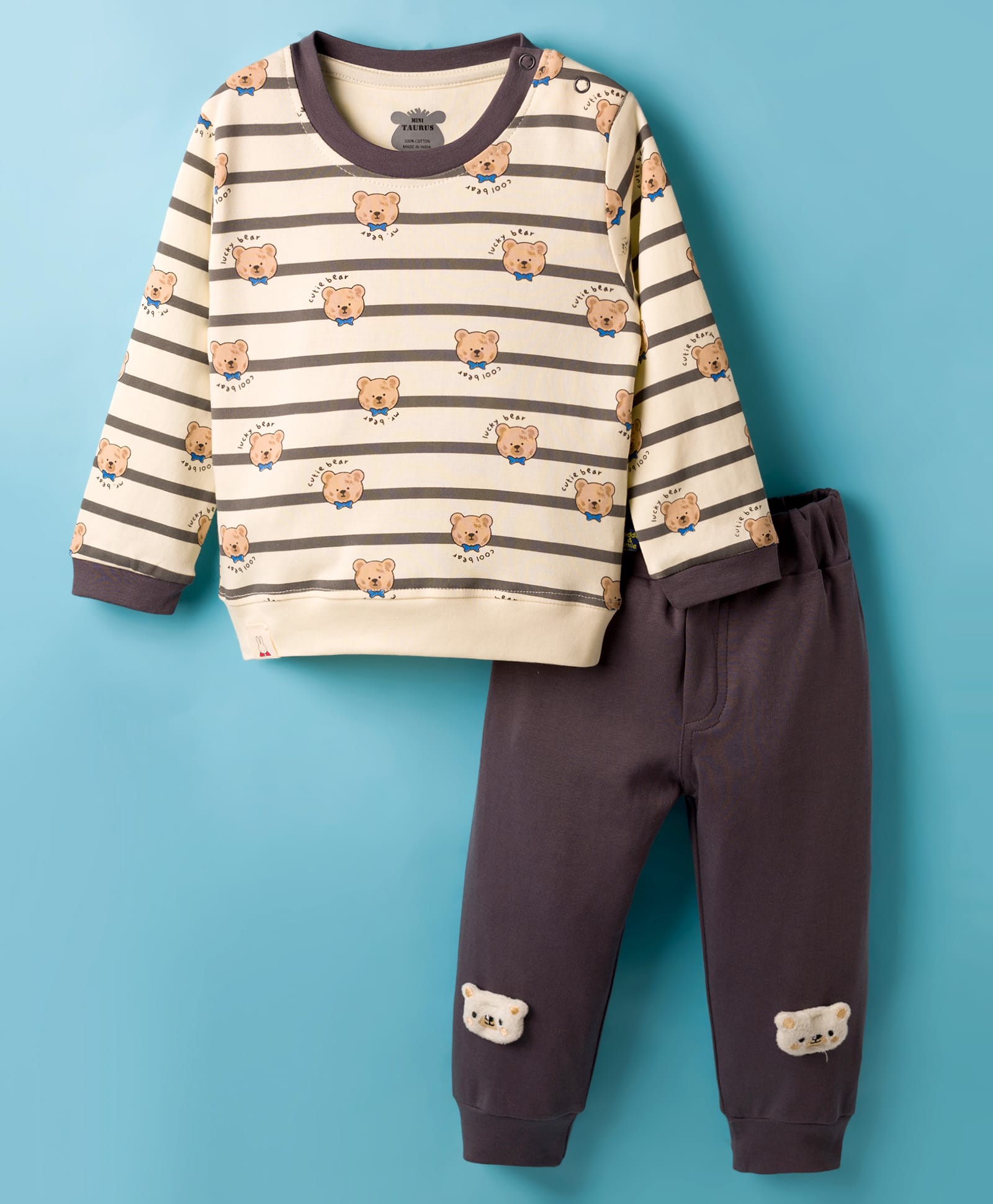 Mini Taurus Interlock Knit Full Sleeves Striped Night Suit with Bear Print & Applique - Charcoal Grey-image-31
