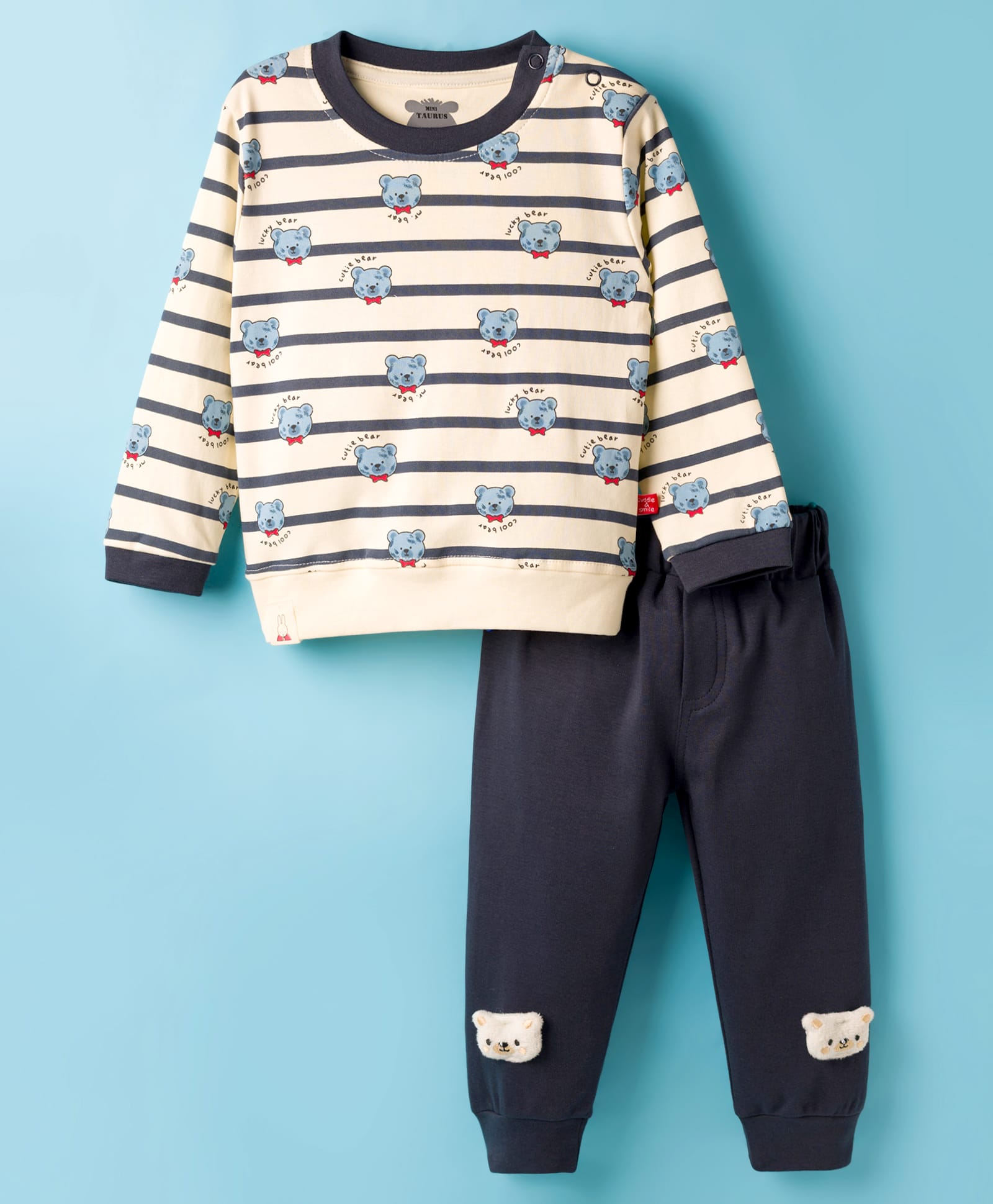 Mini Taurus Interlock Knit Full Sleeves Striped Night Suit with Bear Print & Applique - Navy Blue-picture-34