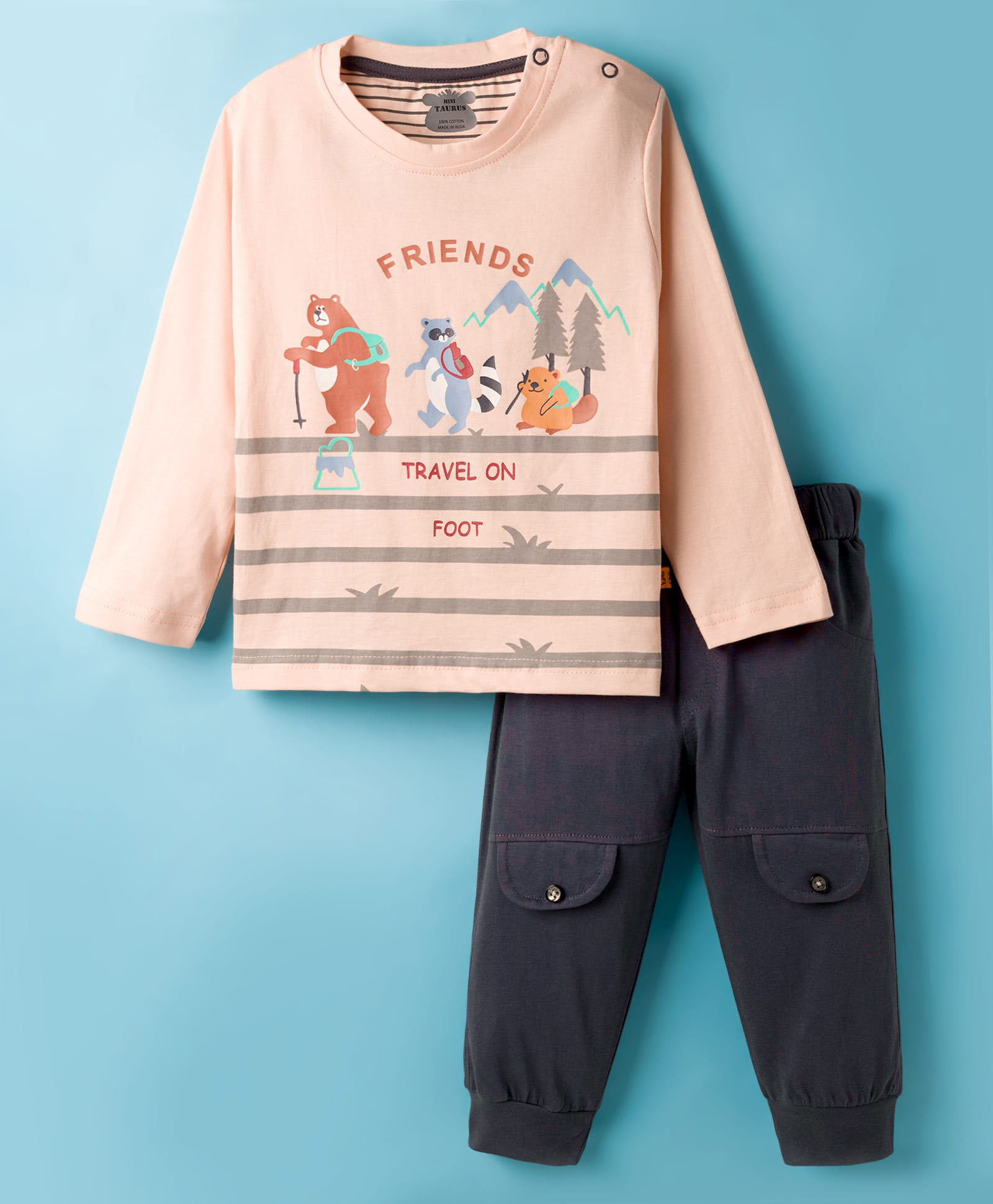 Mini Taurus Sinker Knit Full Sleeves Night Suit with Animal Print - Peach-image-40