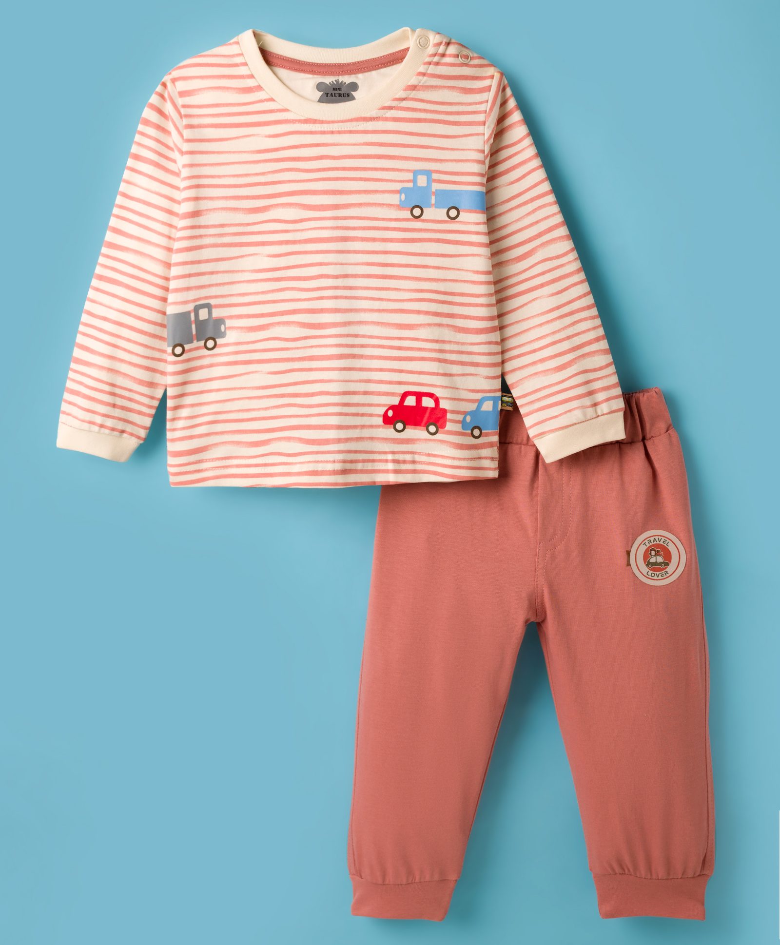 Mini Taurus Sinker Knit Full Sleeves Striped Night Suit with Vehicle Print - Coral-picture-28
