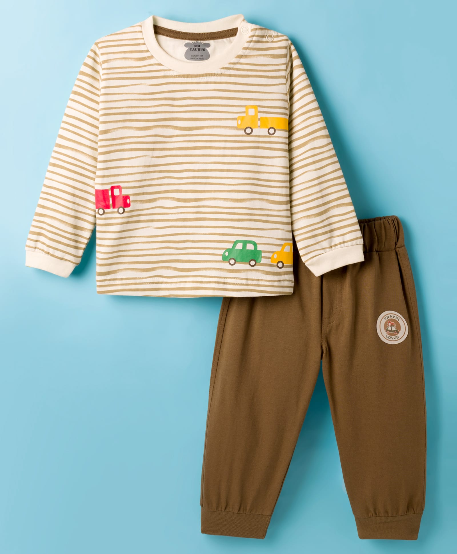 Mini Taurus Sinker Knit Full Sleeves Striped Night Suit with Vehicle Print - Olive Green-picture-14
