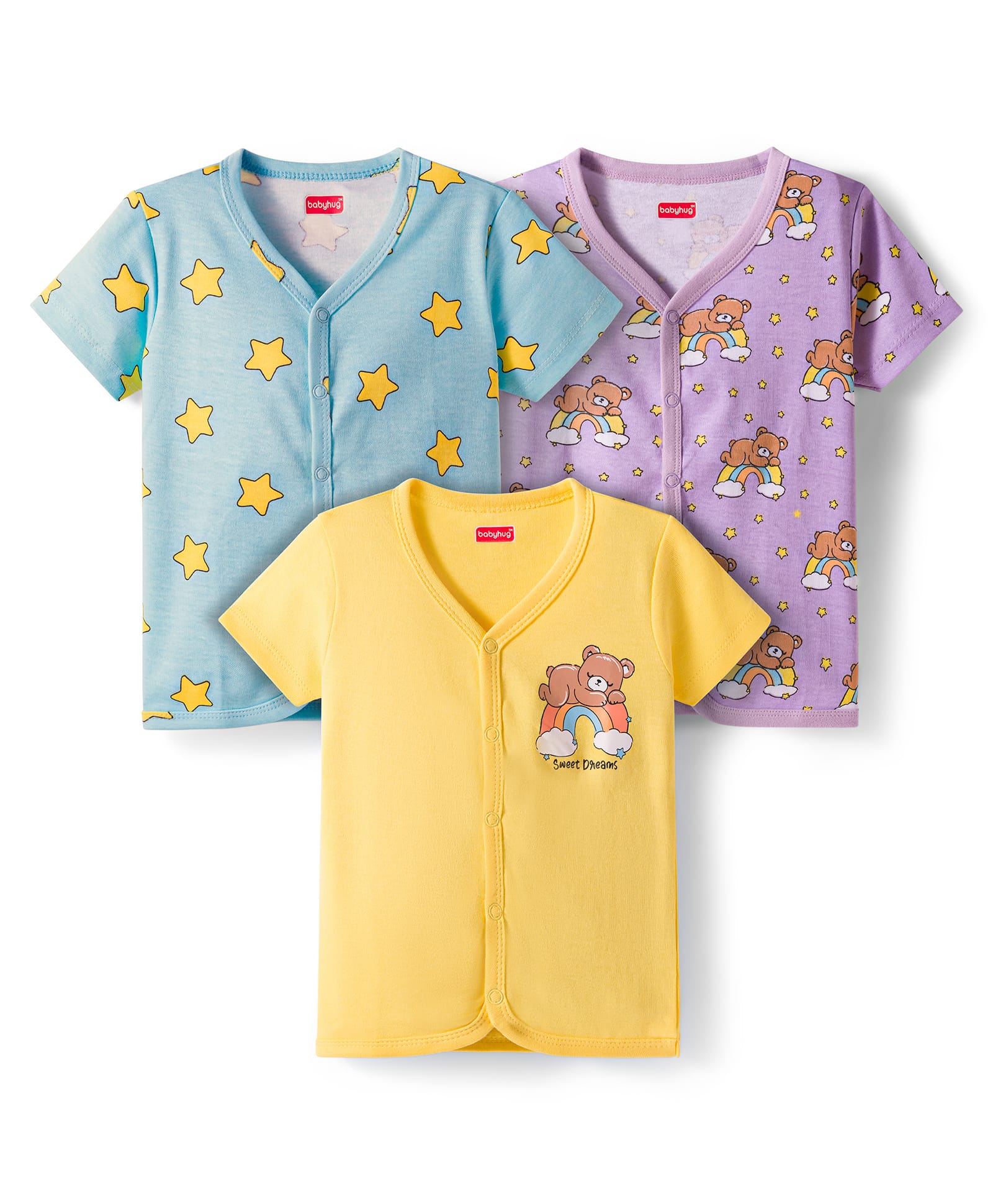 Babyhug Interlock Knit Half Sleeves Jhablas With Animal Print Pack Of 3 - Purple Yellow & Teal Blue-image-46