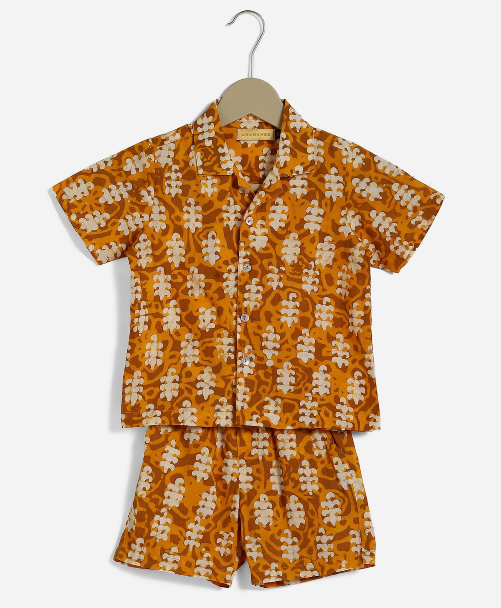 Charkhee Cotton Woven Half Sleeves Abstract Block Printed Coordinating Shirt & Shorts Winter Night Suit Set - Yellow-picture-12