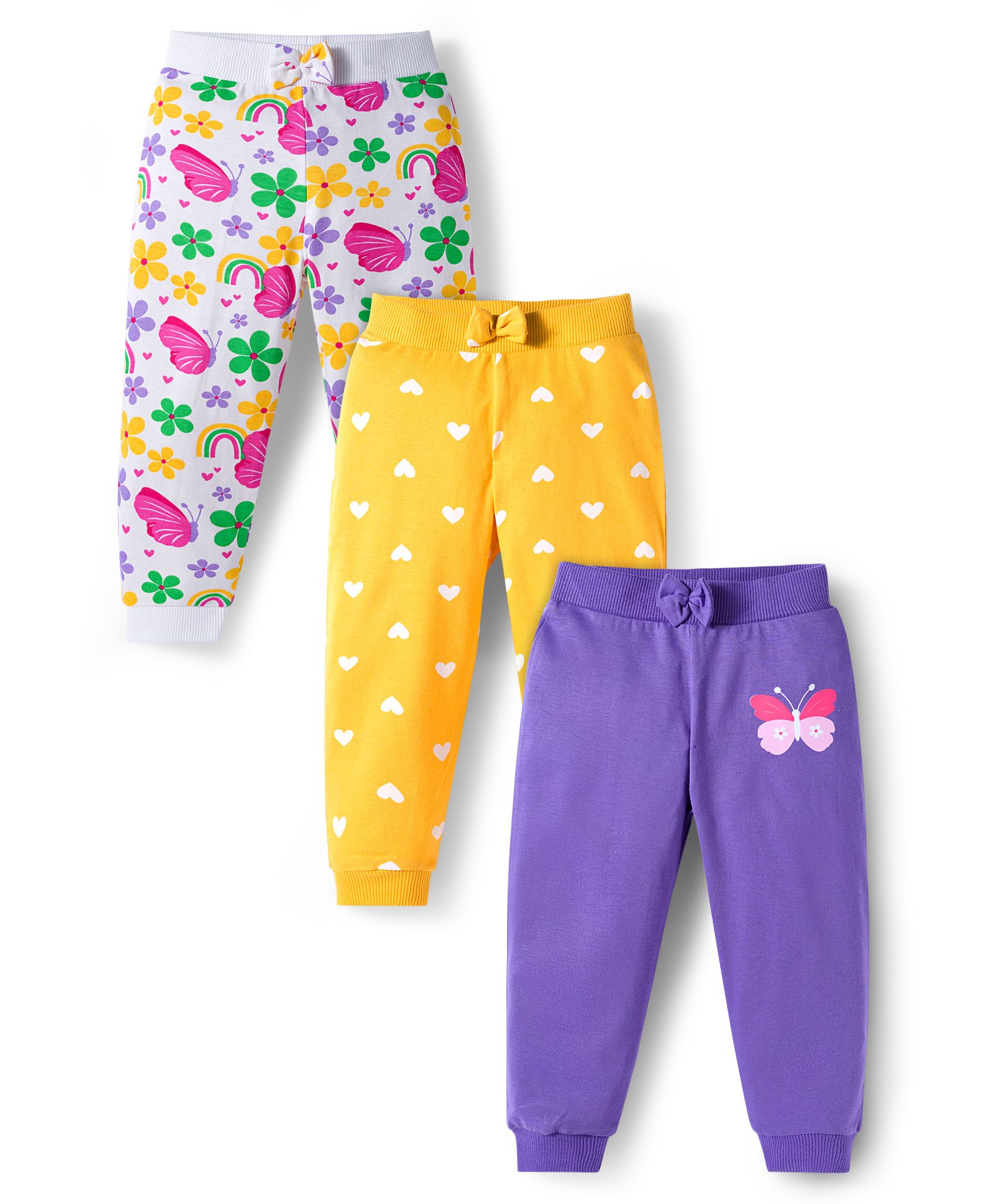 Babyhug Cotton Knit Full Length Lounge Pants With Heart Butterfly & Floral Print Pack of 3 - Purple Yellow & White-picture-21