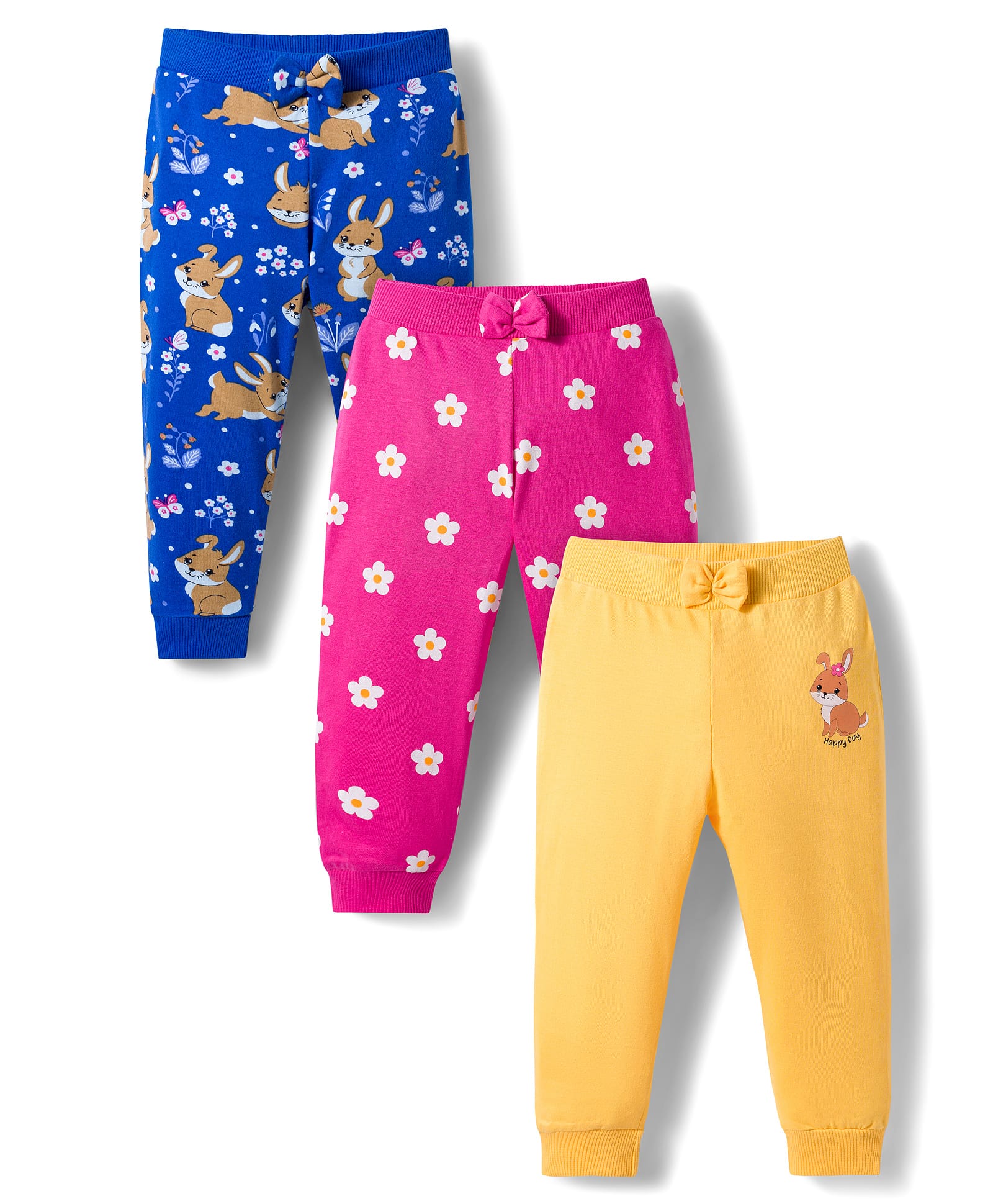 Babyhug Cotton Knit Full Length Lounge Pants With Floral & Bunny Print Pack of 3 - Navy Blue Pink & Yellow-picture-14