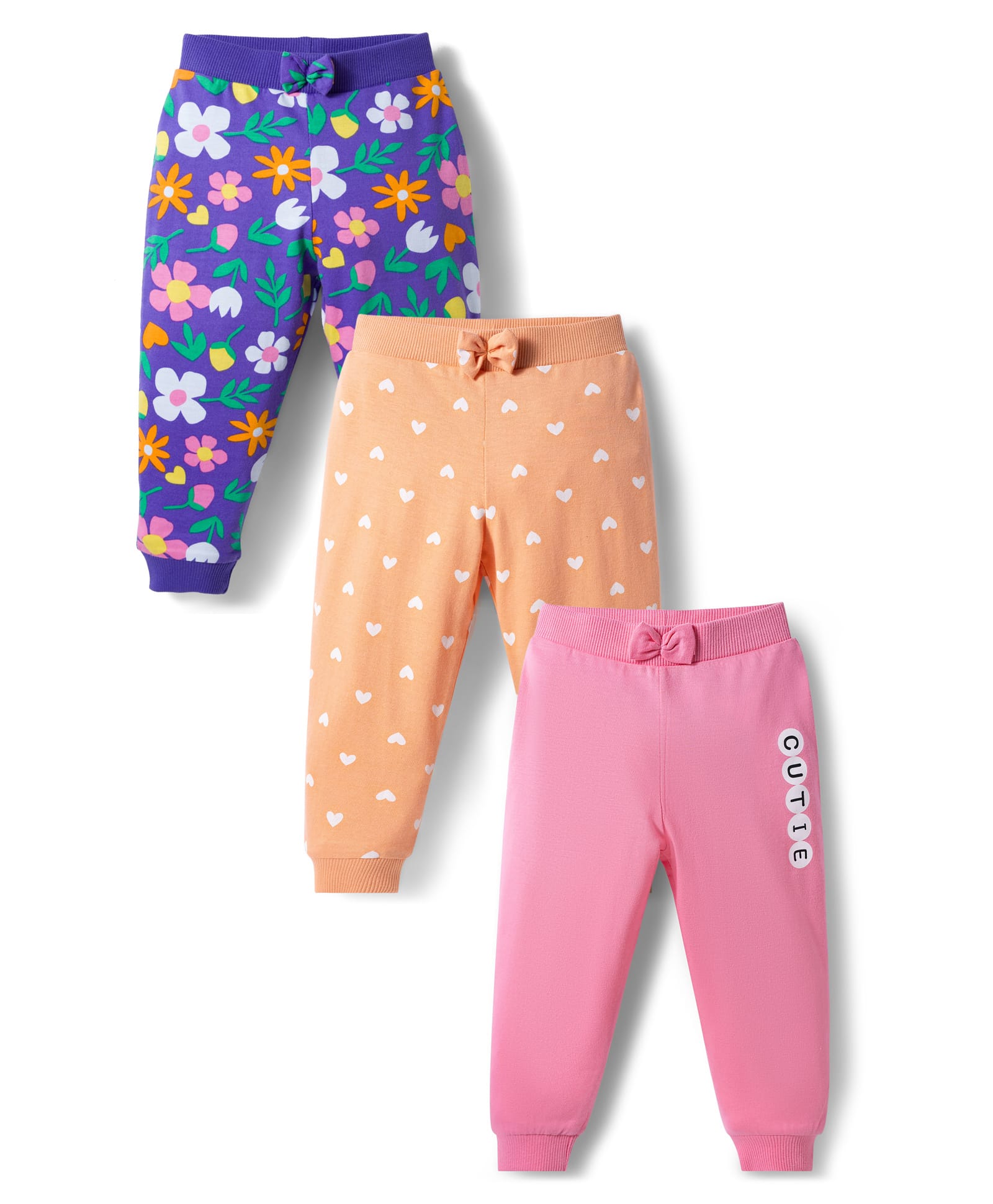 Babyhug Cotton Knit Full Length Polka Dot & Floral Printed Lounge Pants With Bow Applique Pack of 3 - Orange Pink & Navy Blue-picture-26