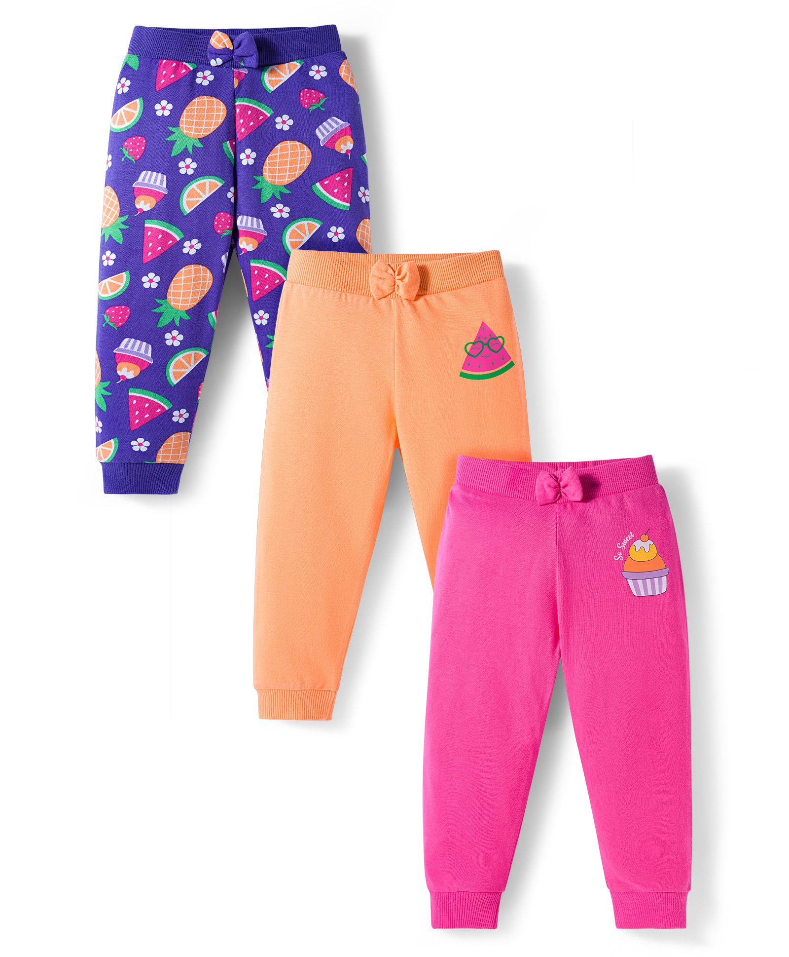 Babyhug Cotton Knit Full Length Lounge Pants With Fruit Print Pack of 3 - Dark Pink Orange & Navy Blue-picture-18