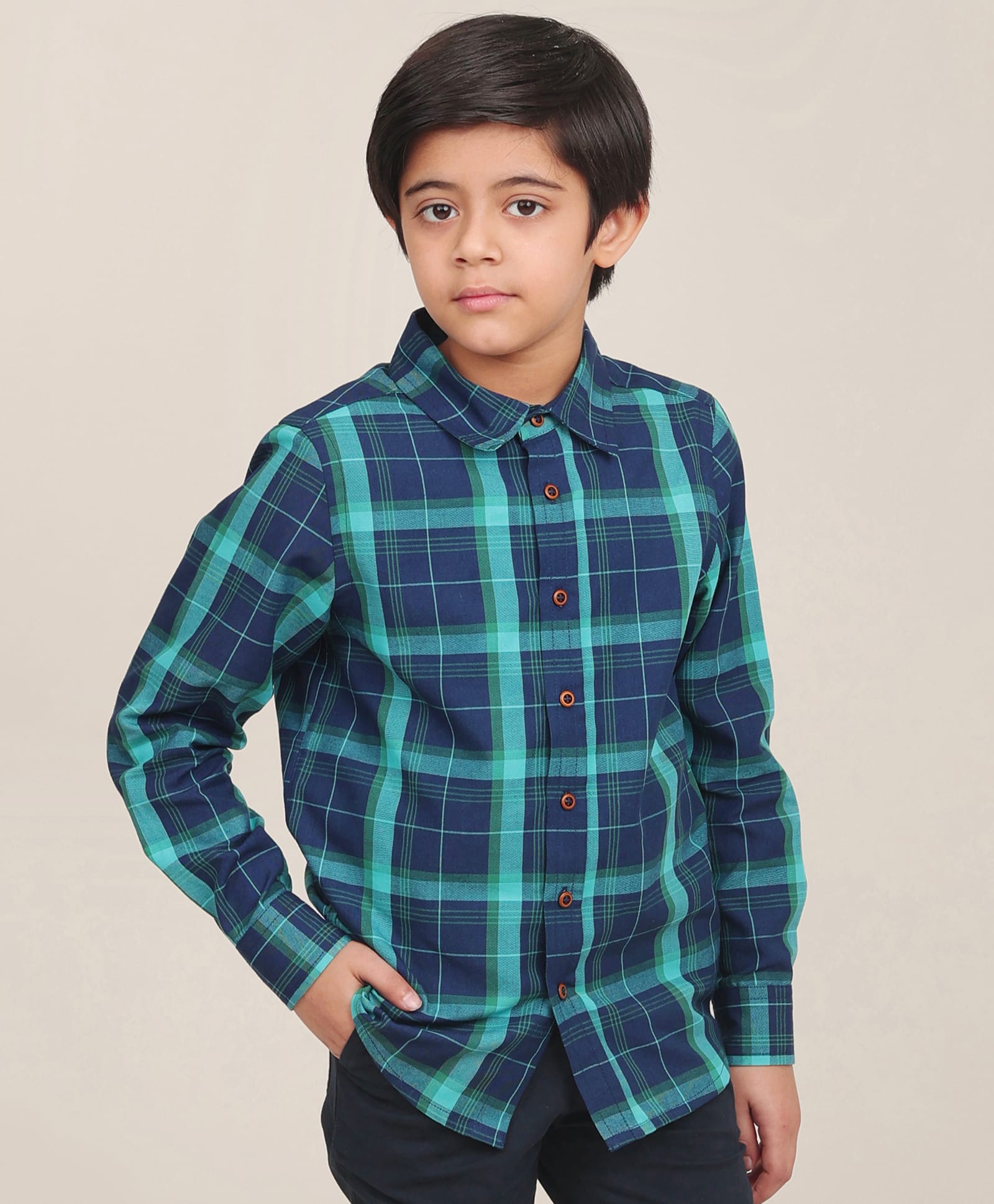 Campana 100% Cotton Woven Full Sleeves Plaid Checked Shirt - Navy & Teal Green-picture-41