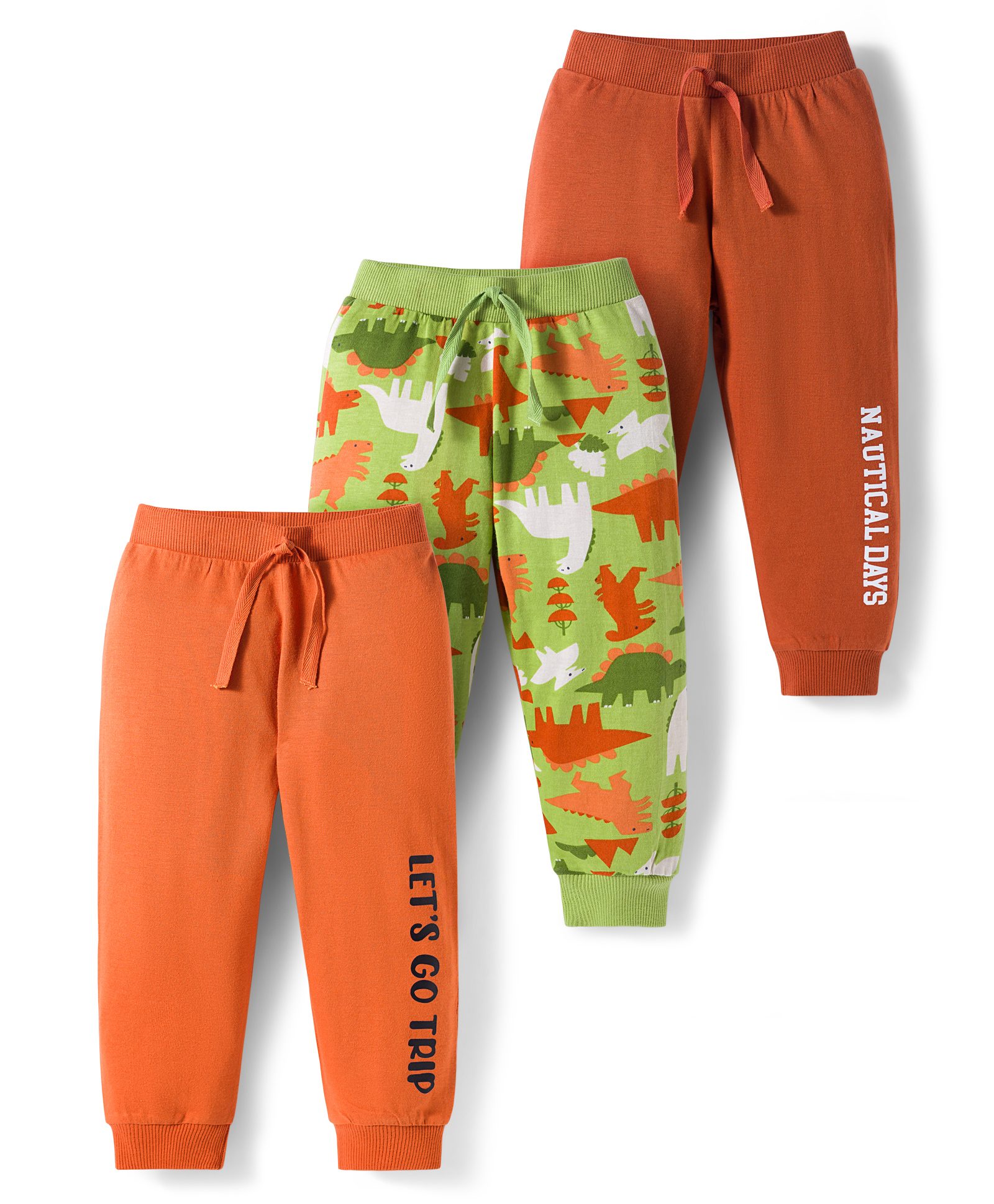 Babyhug Cotton Knit Full Length Lounge Pants With Text & Dino Print Pack of 3 - Orange Brown & Green-picture-18