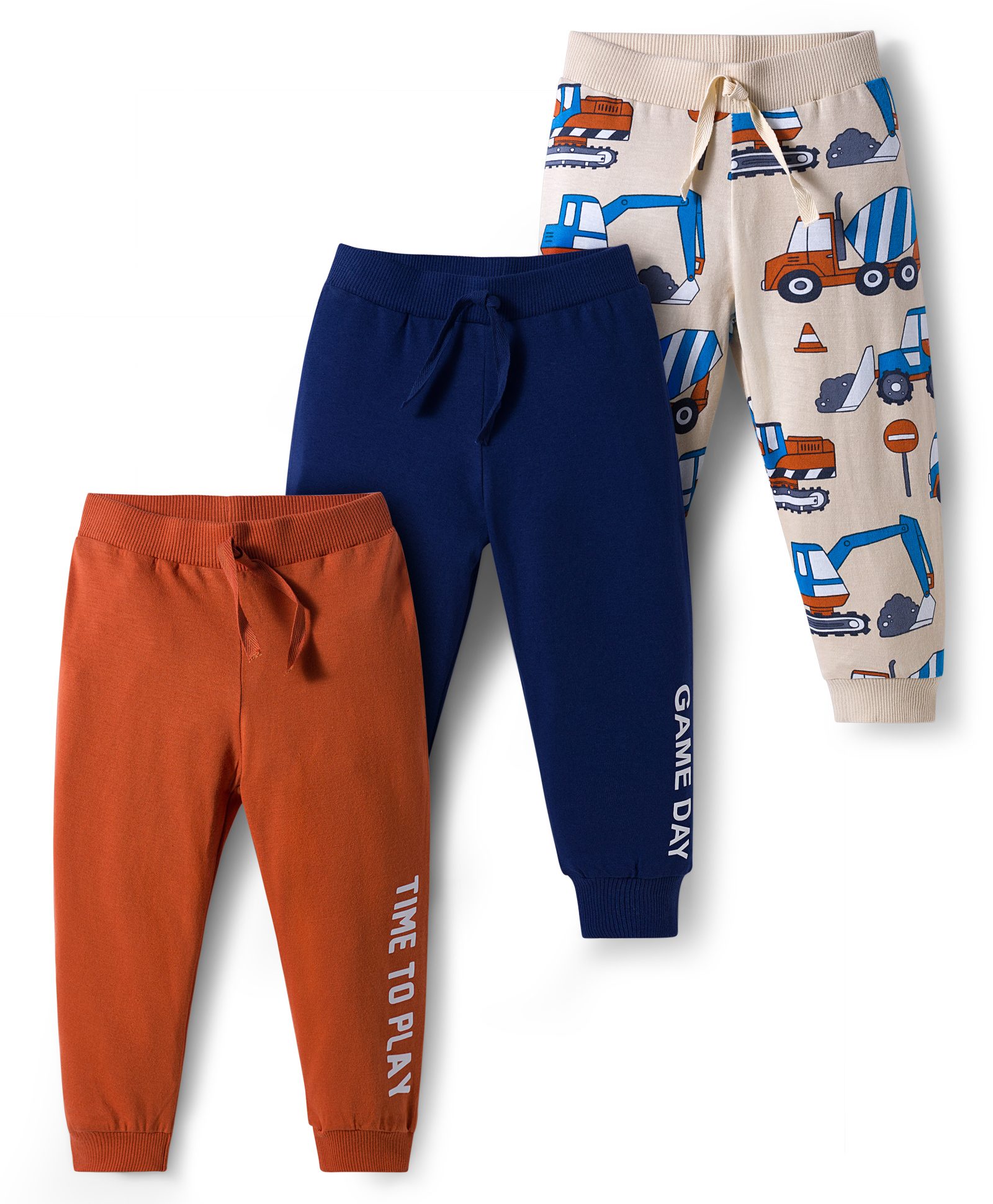 Babyhug Cotton Knit Full Length Lounge Pants With Vehicle Print Pack of 3 - Navy Blue Orange & White-picture-22