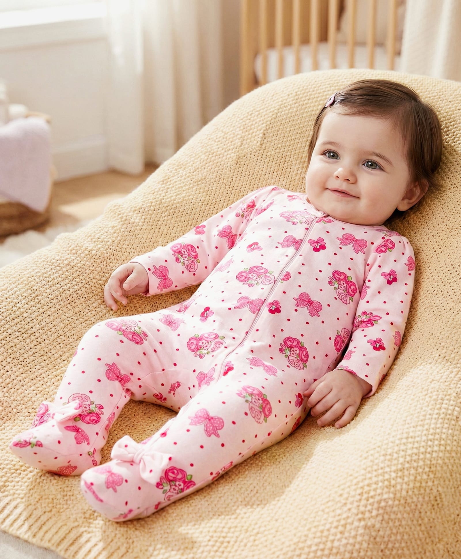 Babyoye 100% Cotton Interlock Knit Full Sleeves Footed Sleepsuit With Eco Jiva Finish & Floral Print - White & Pink-picture-19