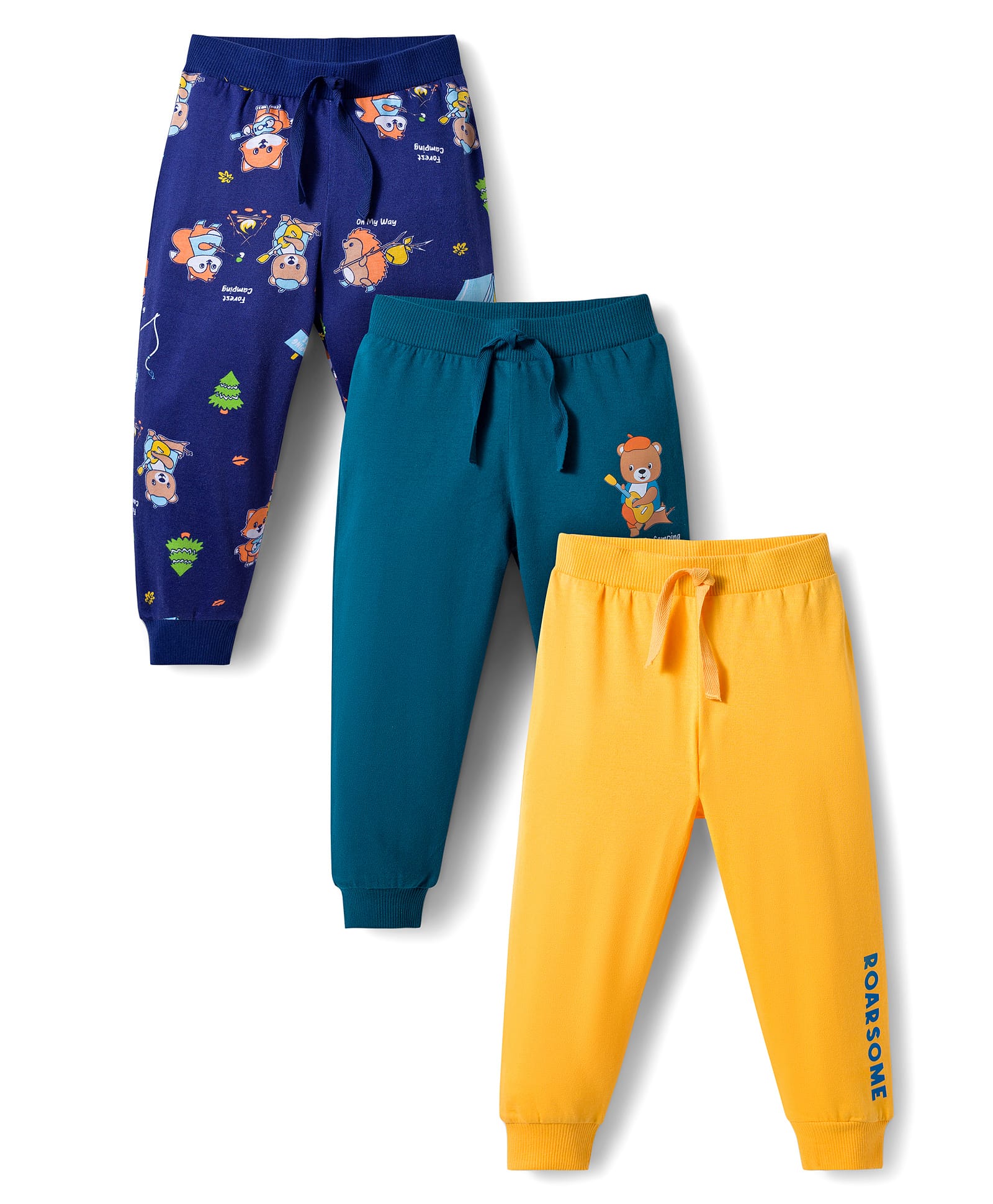 Babyhug Cotton Knit Full Length Lounge Pants With Animal Print Pack of 3 - Yellow Teal & Navy Blue-image-38