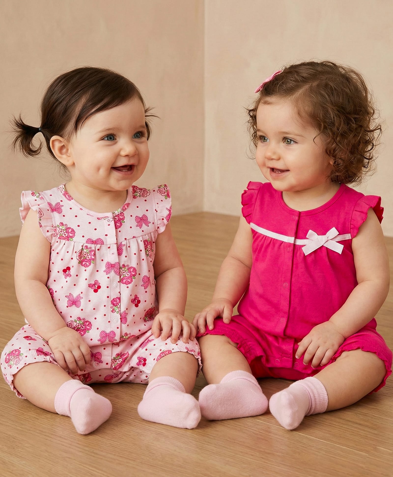 Babyoye 100% Cotton Knit Frill Sleeves Floral Printed Rompers With Eco Jiva Finish Pack Of 2 - Multicolour