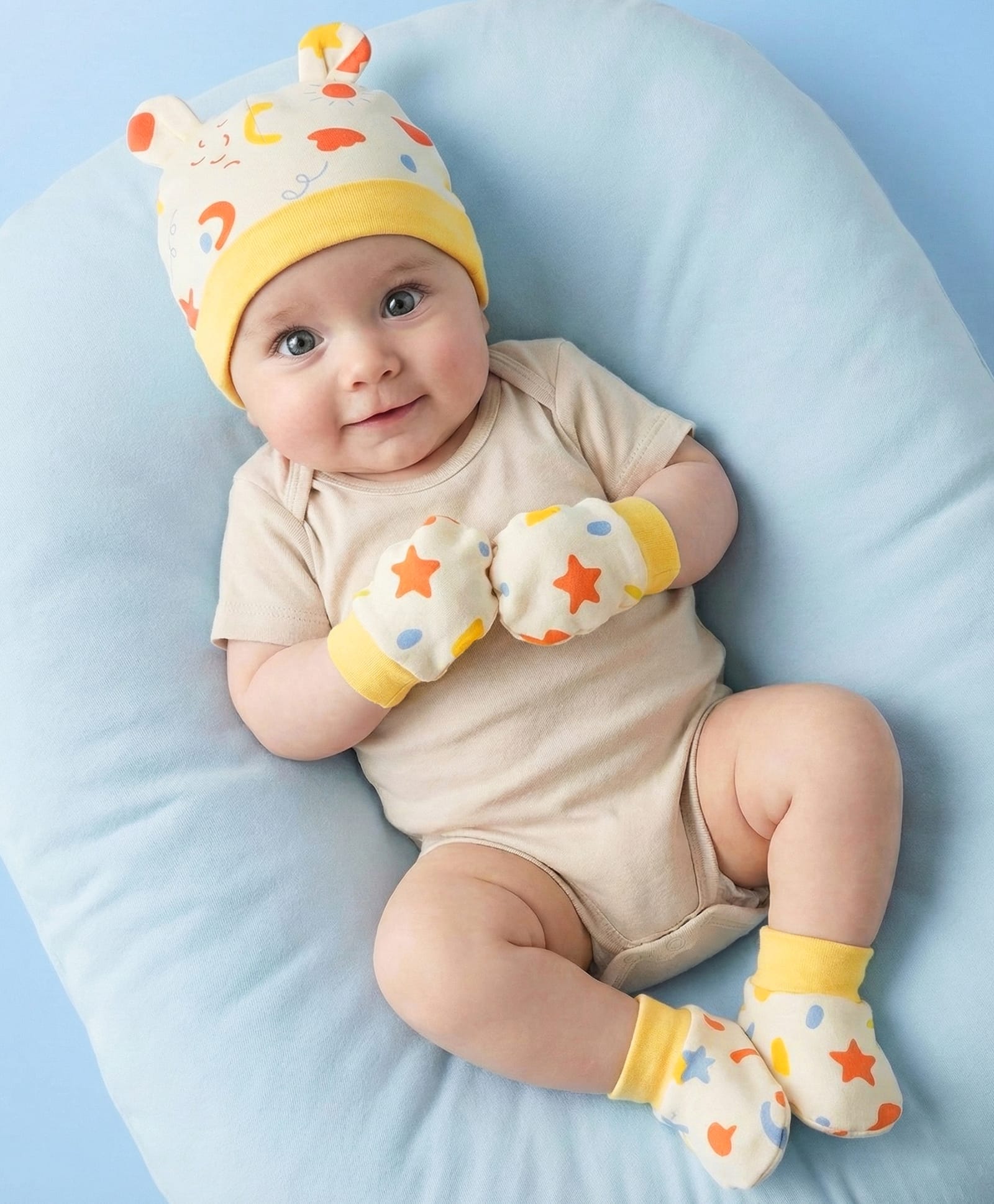Babyoye 100% Cotton Printed Cap Mitten & Booties Set Off White - Diameter 15.3 cm-image-8