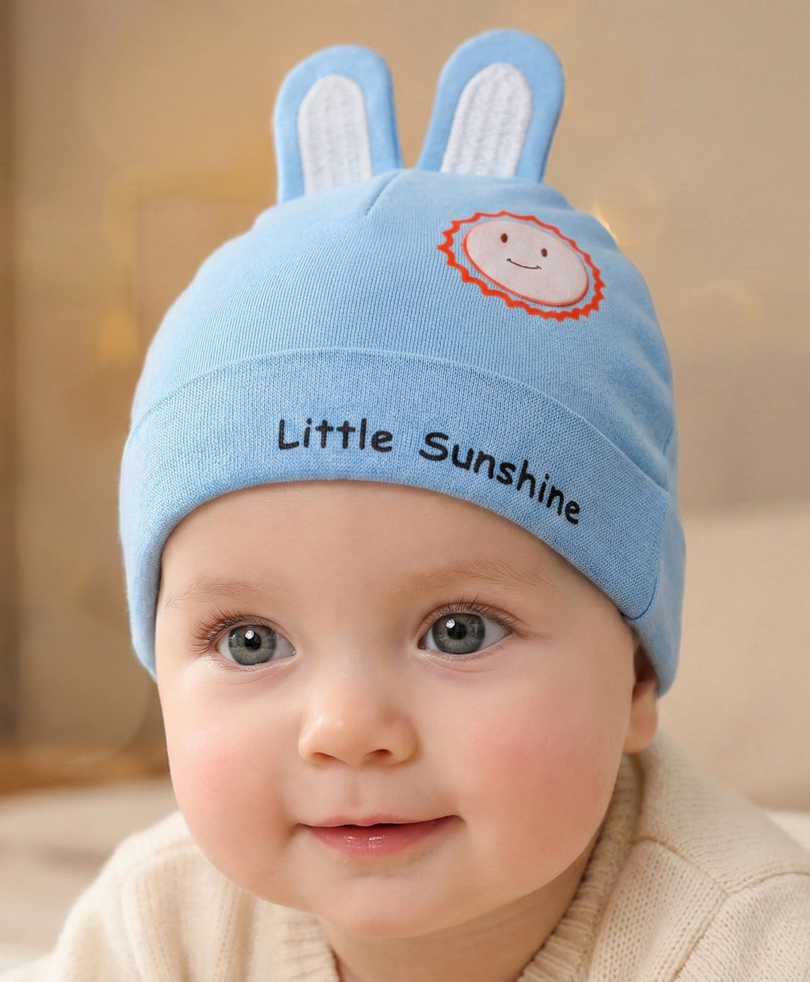 Babyoye 100% Cotton Interlock Knit Cap With Ear Applique & Little Sunshine Print Light Blue - Diameter 17.5 cm-image-7