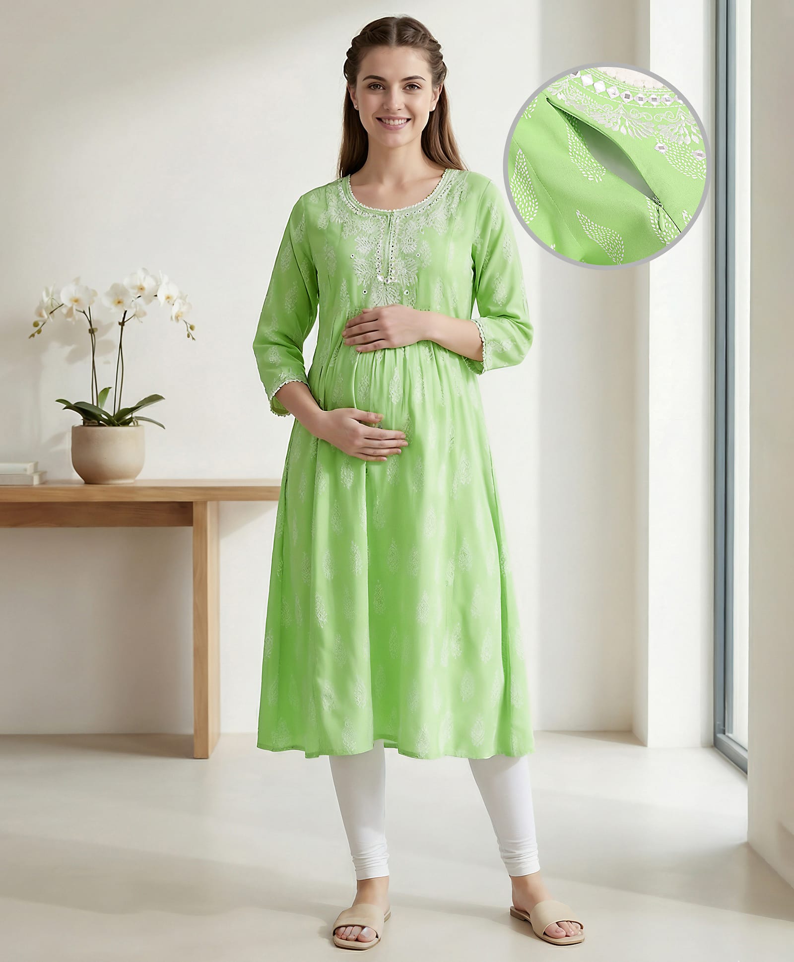 Bella Mama Woven Three Fourth Sleeves Maternity Kurta with Embroidery - Green
