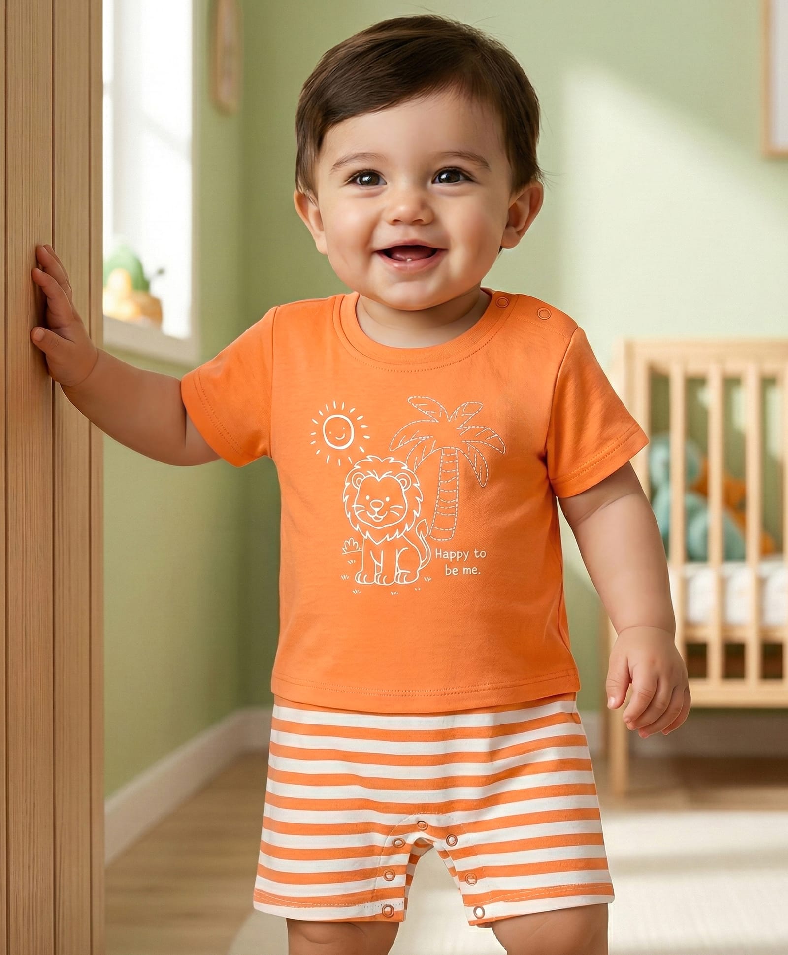Babyoye 100% Cotton Knit Half Sleeves Romper With Lion Print - Orange-image-32