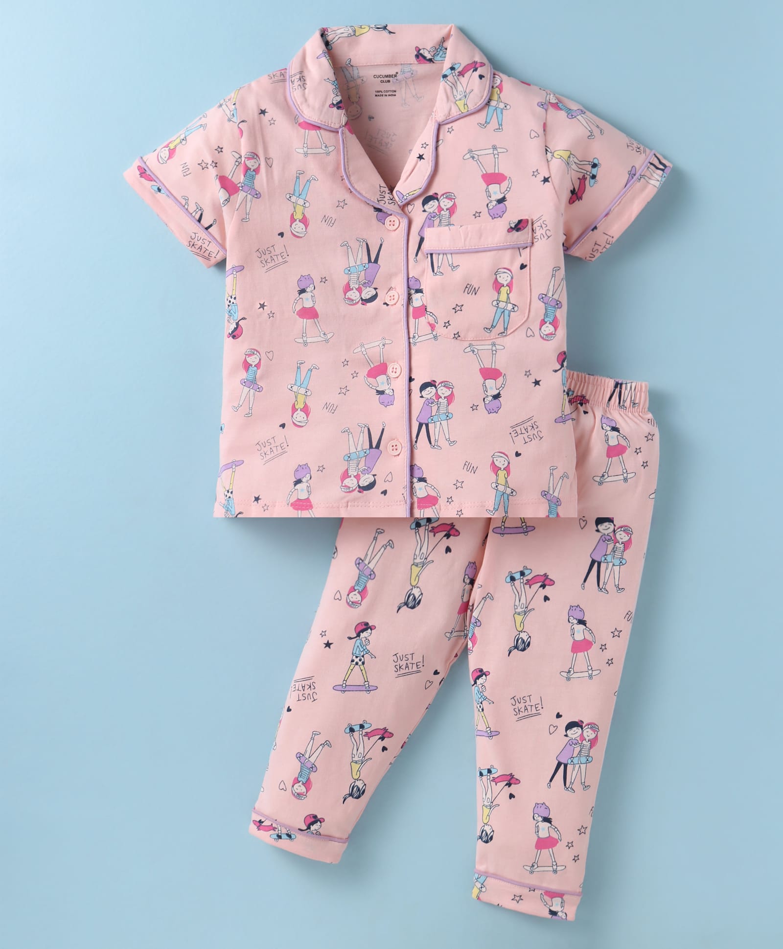 CUCUMBER Sinker Knit Half Sleeves Co-ord Night Suit With Skating Print - Baby Pink-image-23