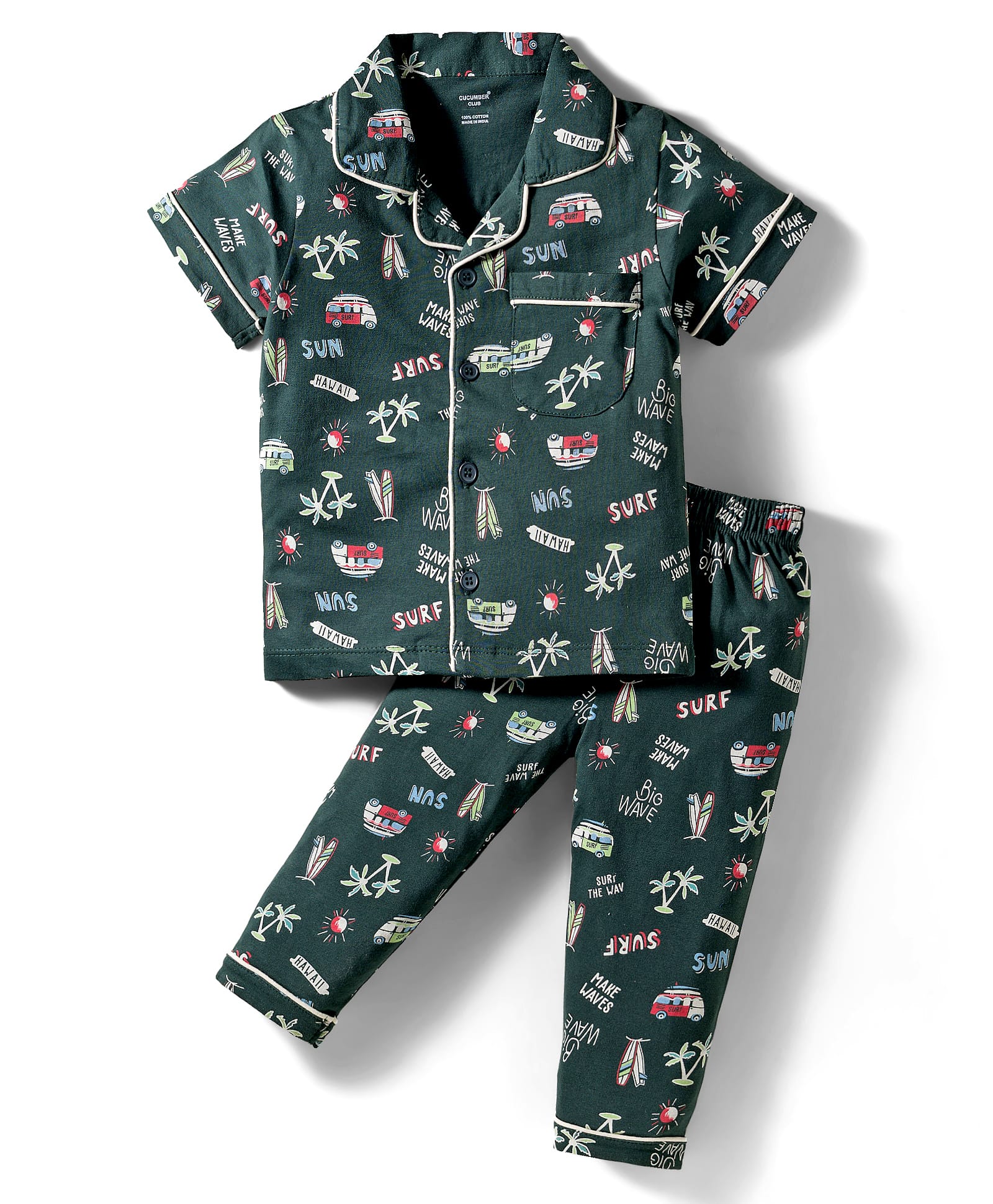 CUCUMBER Sinker Knit Half Sleeves Co-ord Night Suit With Beach Theme Print - Dark Green-picture-1