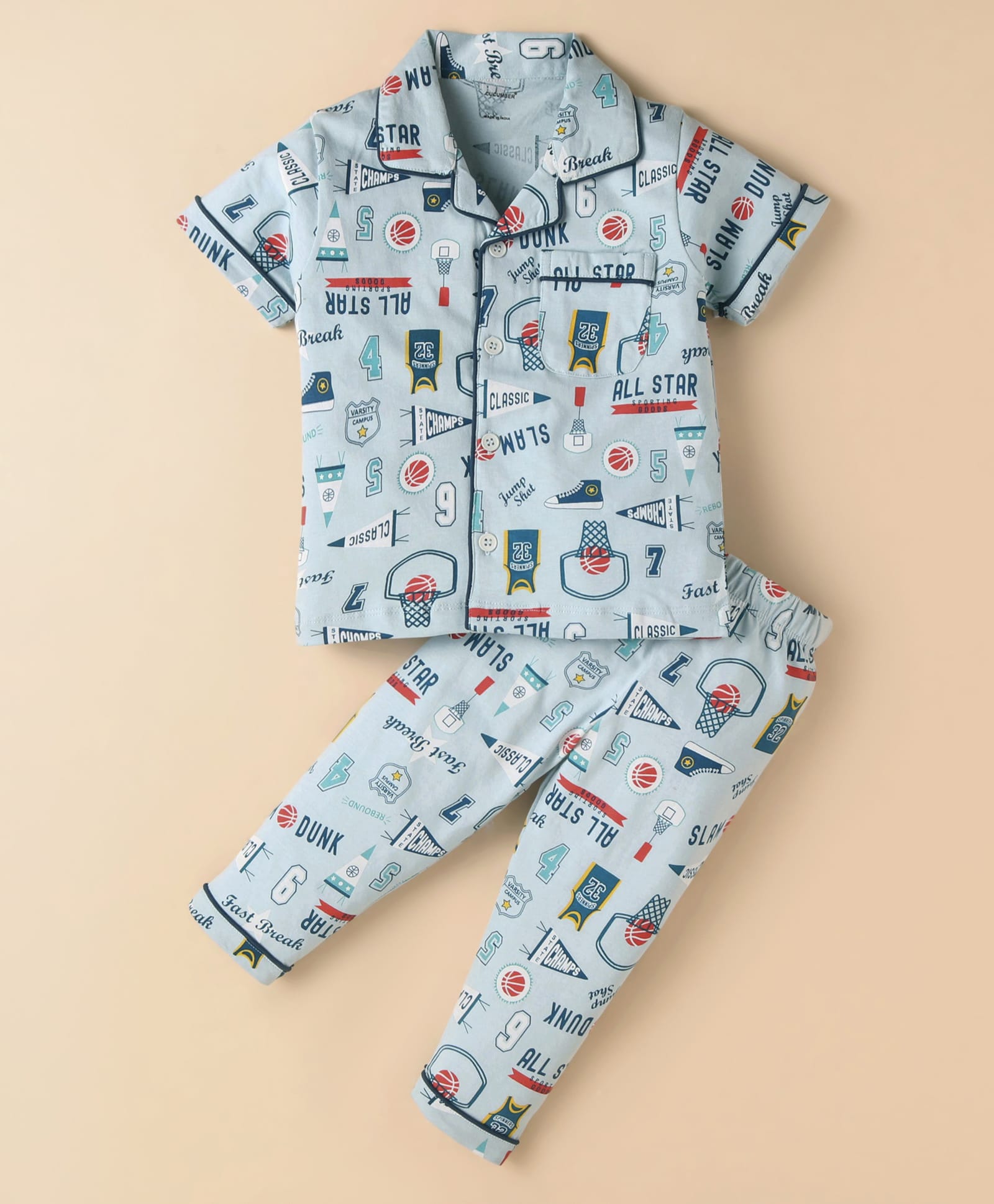 CUCUMBER Sinker Knit Half Sleeves Co-ord Night Suit With Basketball Print - Light Blue-image-32