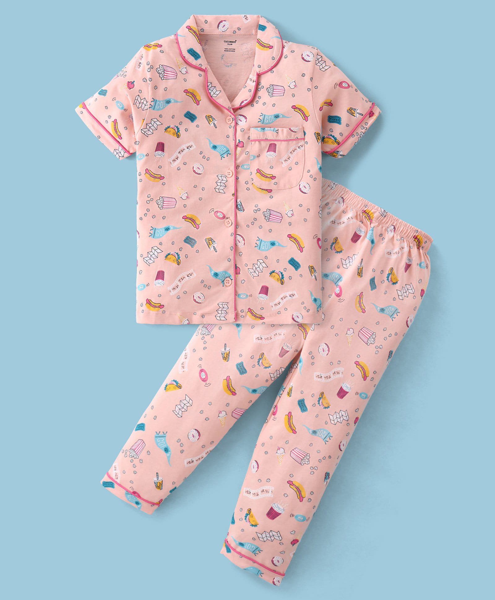 CUCUMBER Sinker Knit Half Sleeves Printed Co-ord Night Suit - Peach-image-33