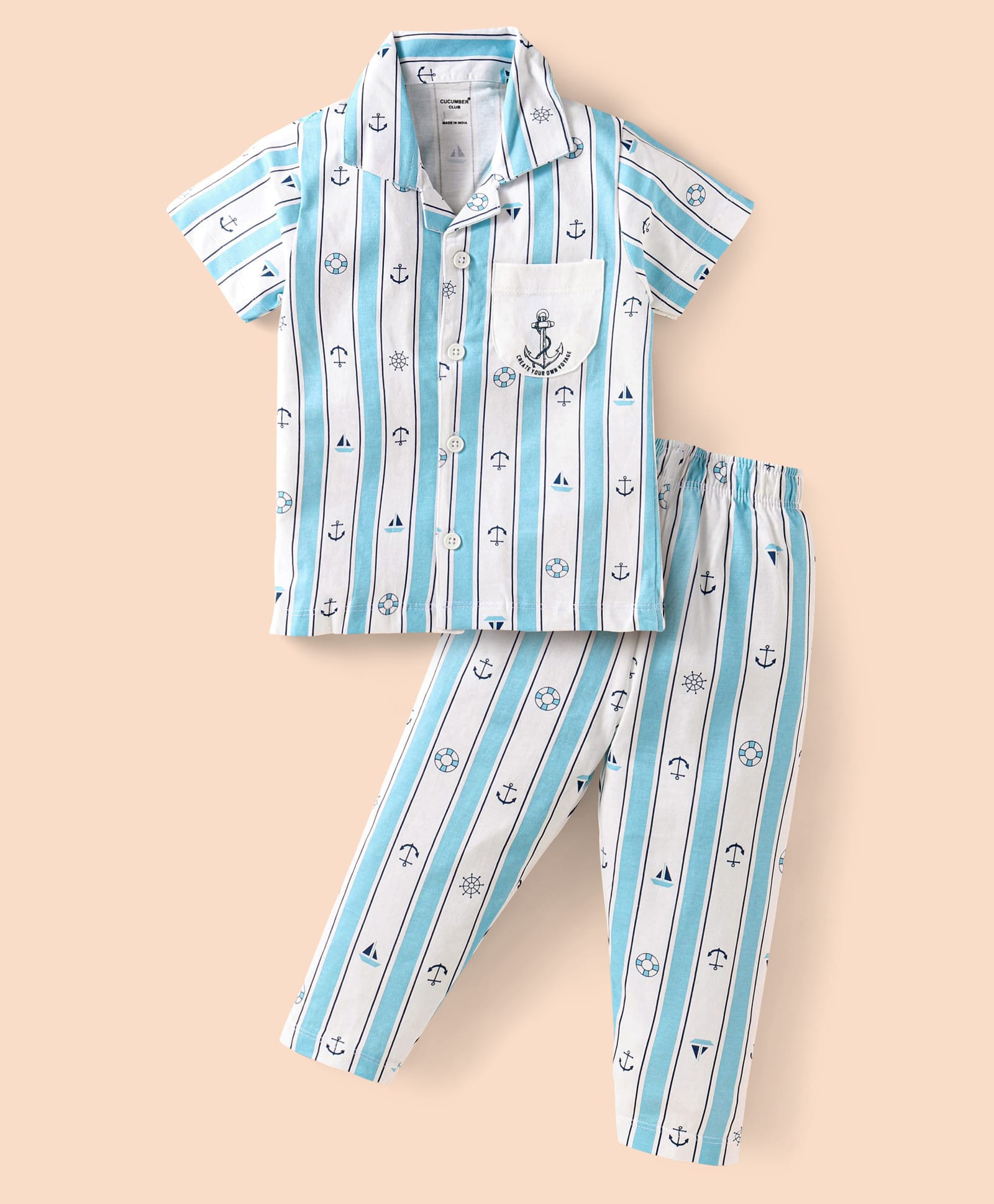 CUCUMBER Sinker Knit Half Sleeves Co-ord Night Suit With Nautical Theme Print - White-picture-18