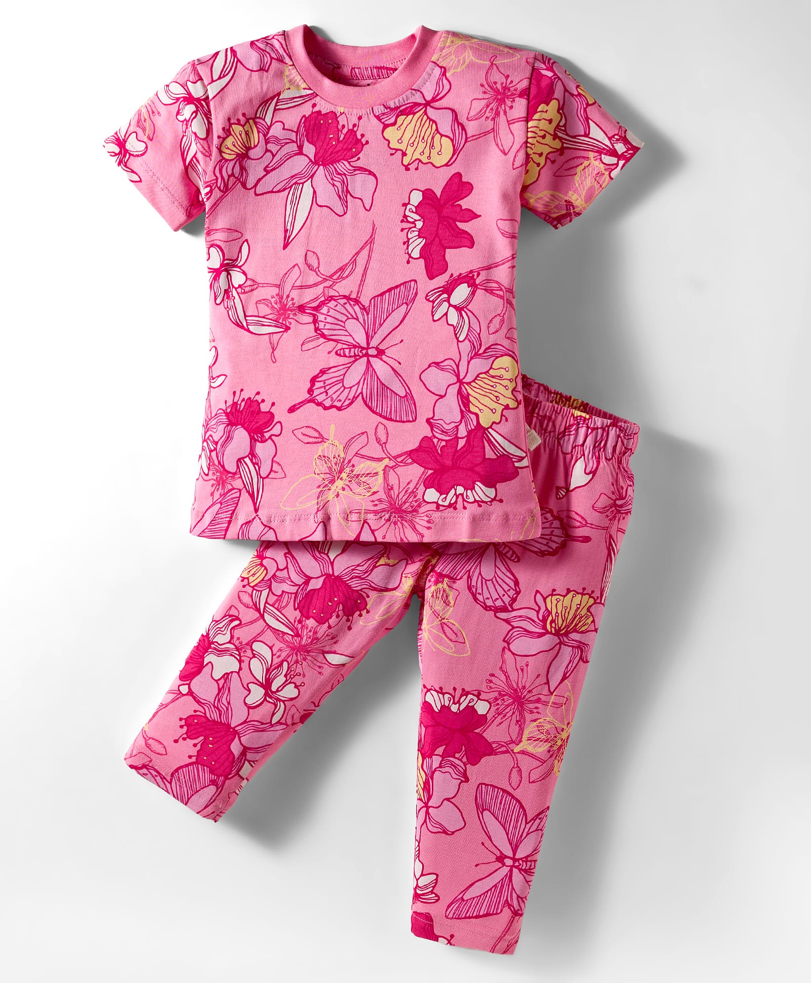 CUCUMBER Sinker Knit Half Sleeves Co-ords Night Suit With Floral Print - Pink-picture-4