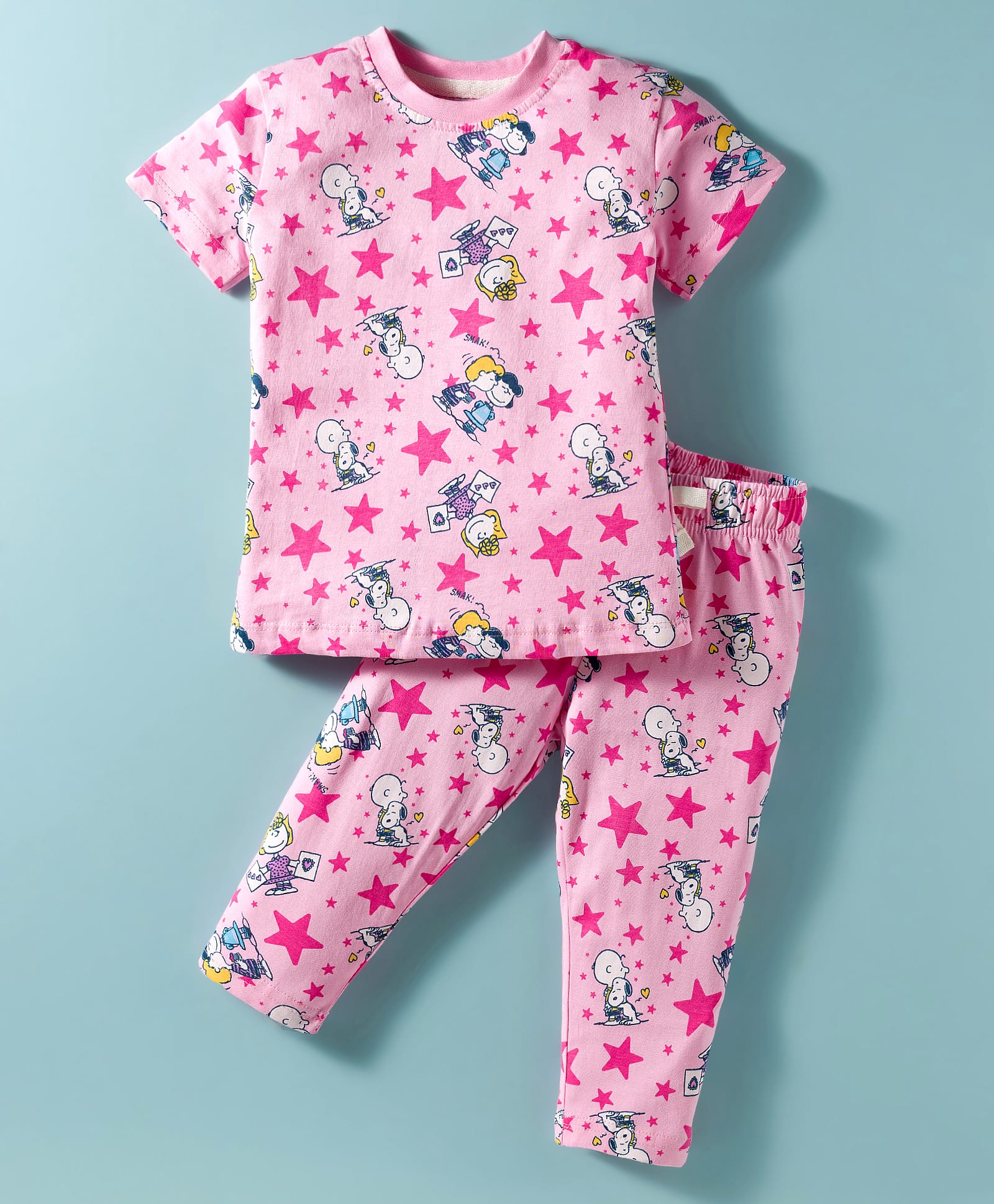 CUCUMBER Sinker Knit Half Sleeves Co-ord Night Suit With Snoopy & Charlie Brown Print - Pink-image-45