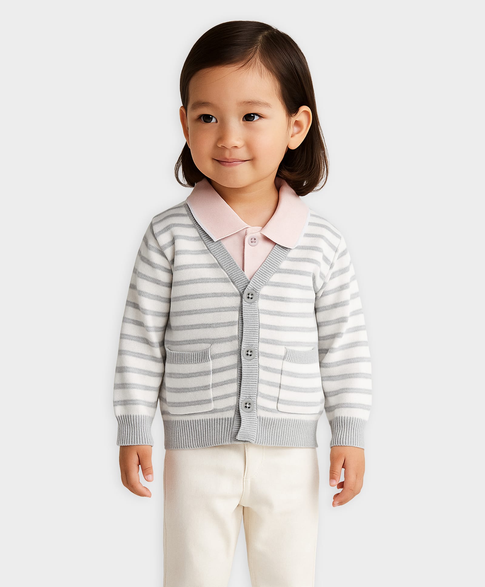 Mi Arcus 100% Cotton Knit Full Sleeves Striped Cardigan With Tee - Grey & Pink-picture-32