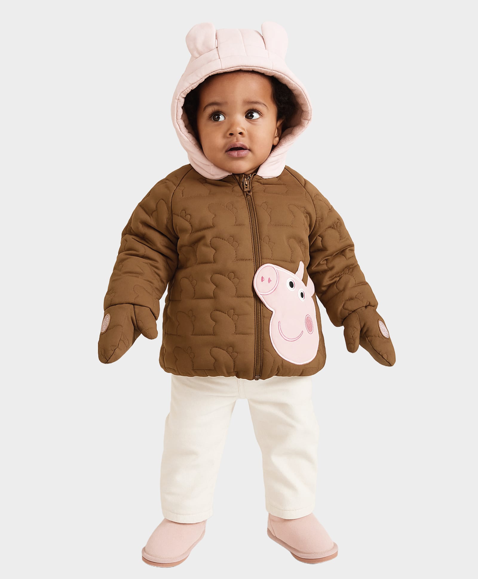 Mi Arcus Woven Peppa Pig Featuring Full Sleeves Character Patch Detailed Light Winter Hooded Jacket With Mittens - Brown-picture-34
