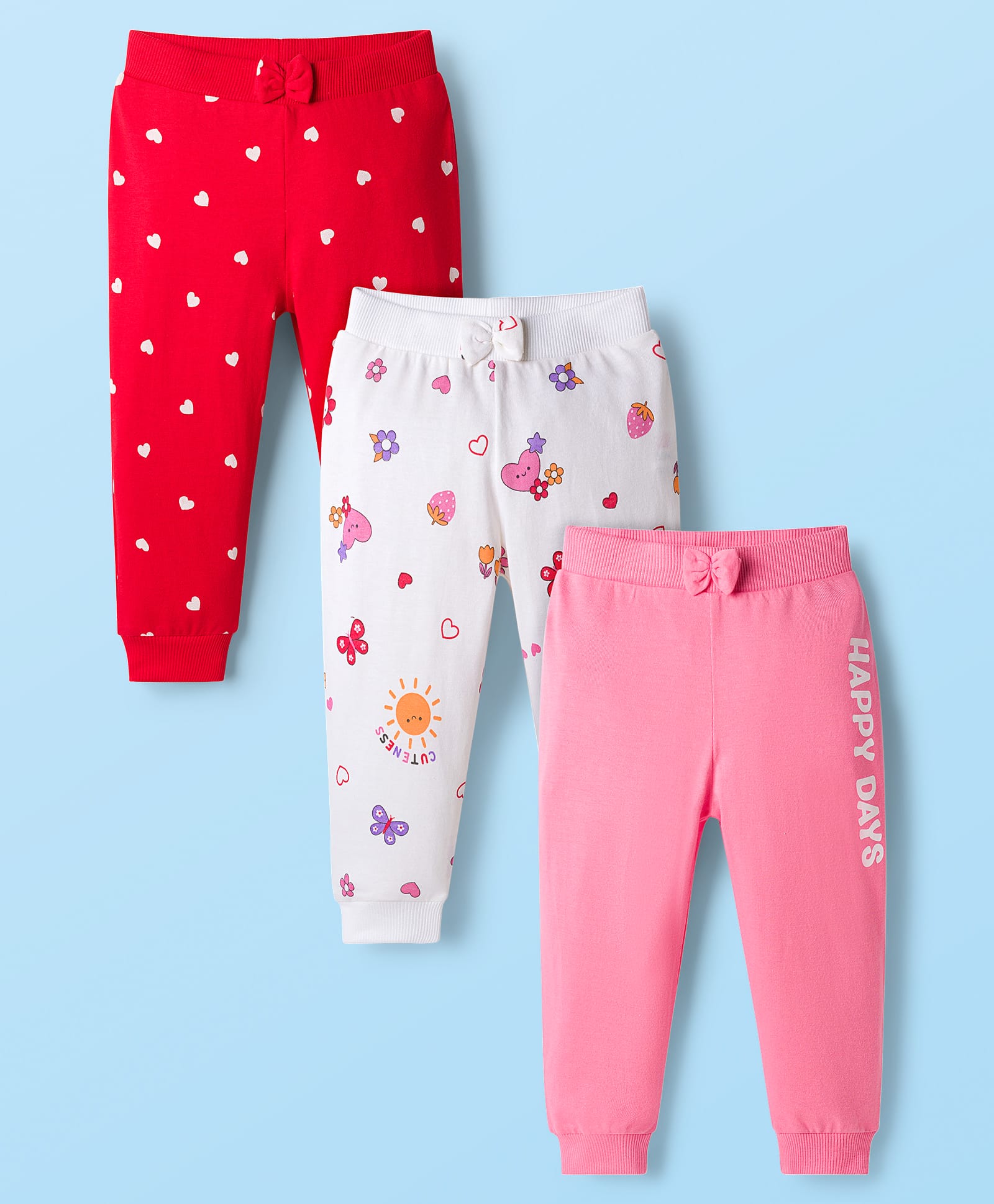 Babyhug Cotton Knit Full Length Lounge Pants with Heart Print & Bow Applique Pack of 3 - Red White & Pink-picture-20