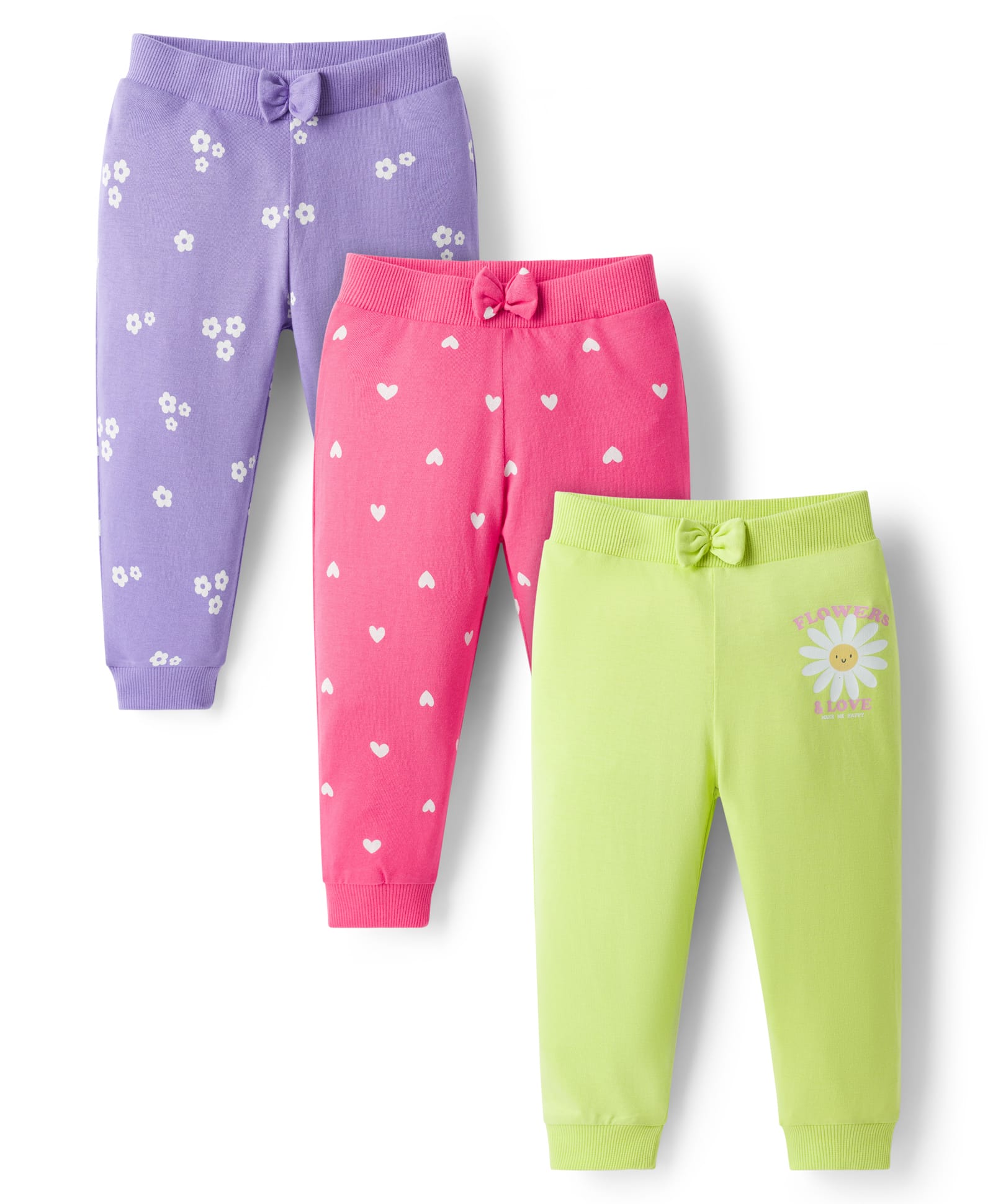 Babyhug Cotton Knit Full Length Lounge Pants with Floral & Heart Print Bow Applique Pack of 3 - Lime Green Pink & Lilac-picture-34