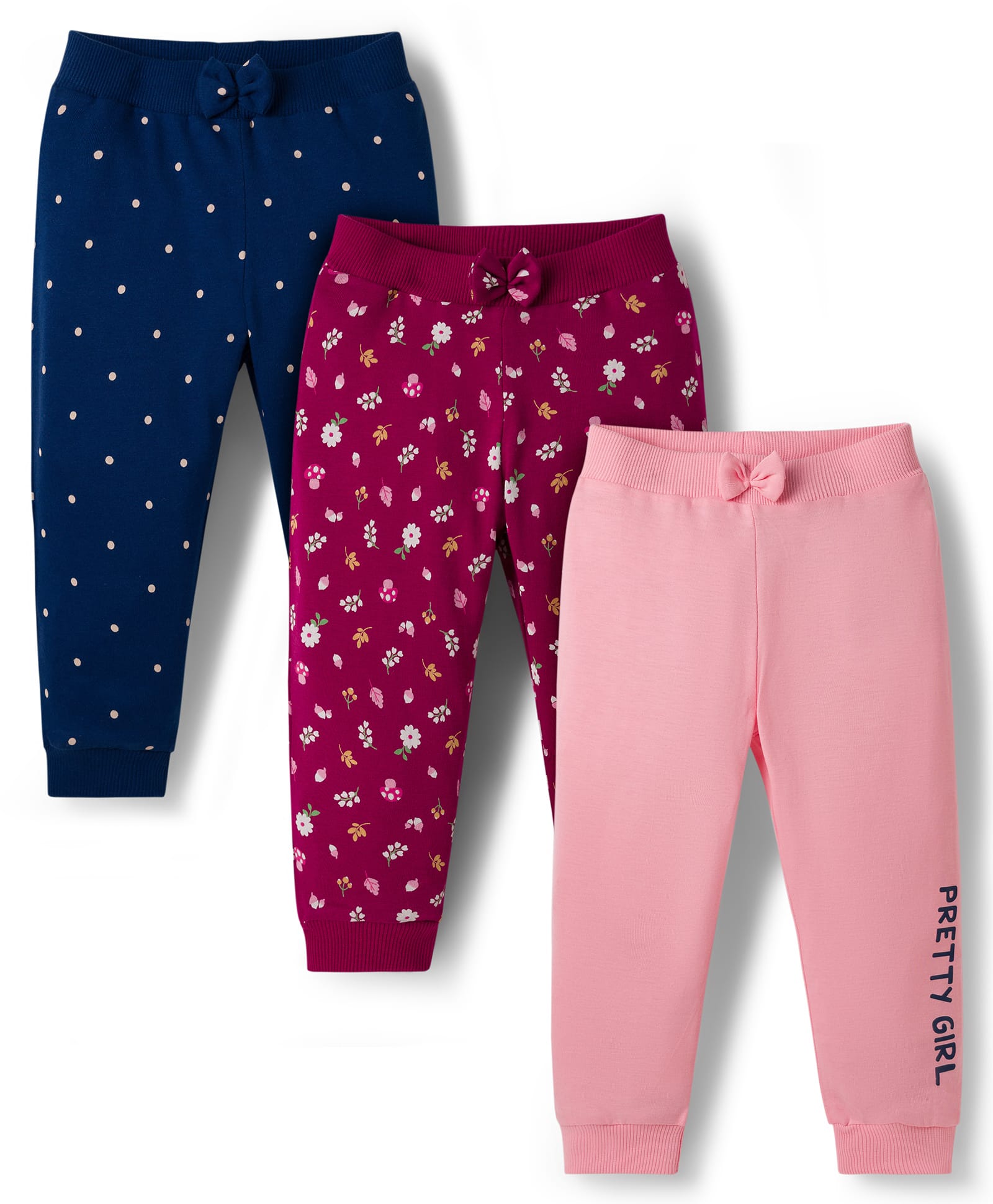 Babyhug Cotton Knit Full Length Lounge Pants with Floral & Polka Dot Print Bow Applique Pack of 3 - Navy Blue Pink & Maroon-picture-18
