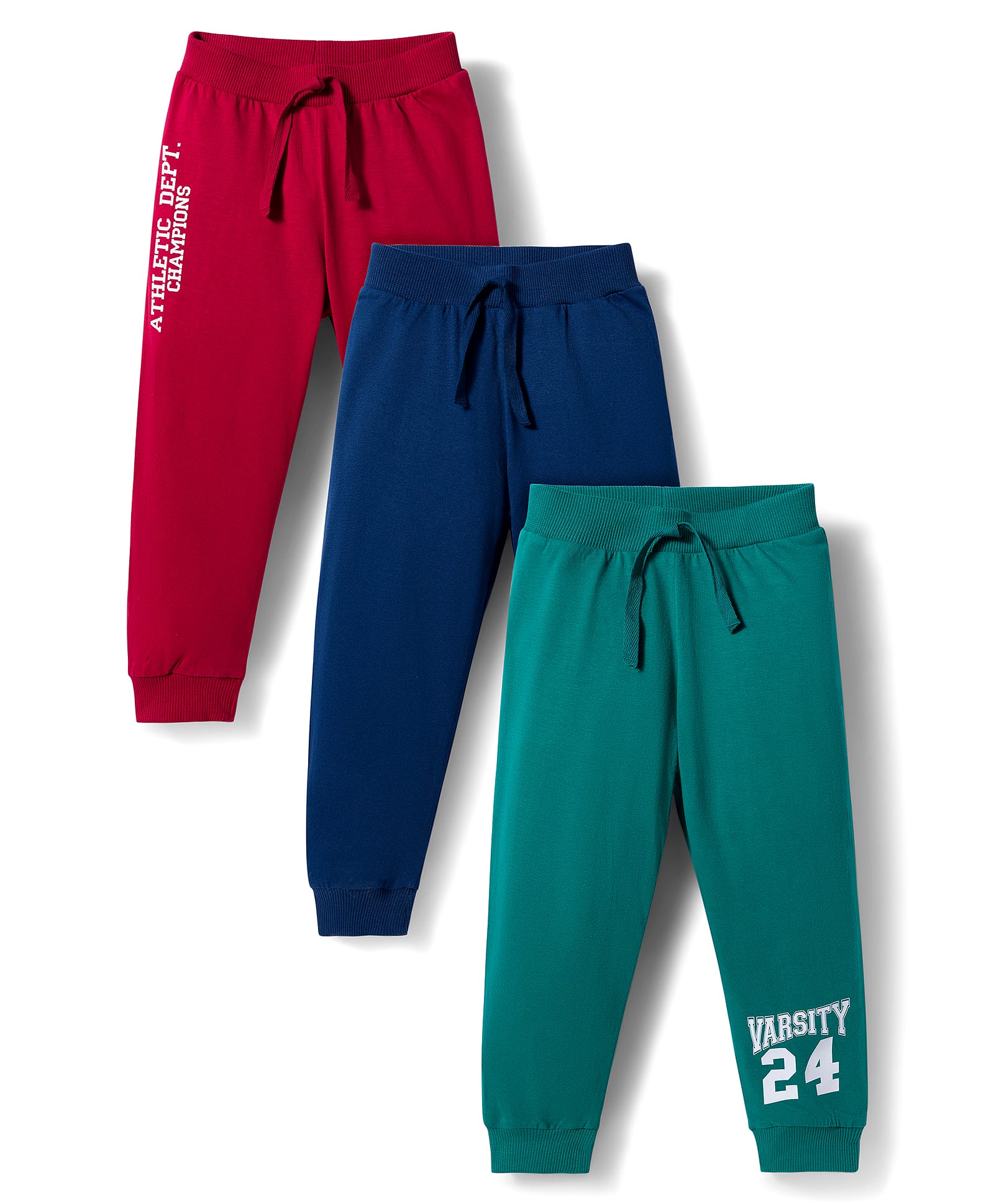 Babyhug Single Jersey Knit Full Length Lounge Pant With Text Print Pack Of 3 - Red Navy Blue & Teal Blue-picture-34