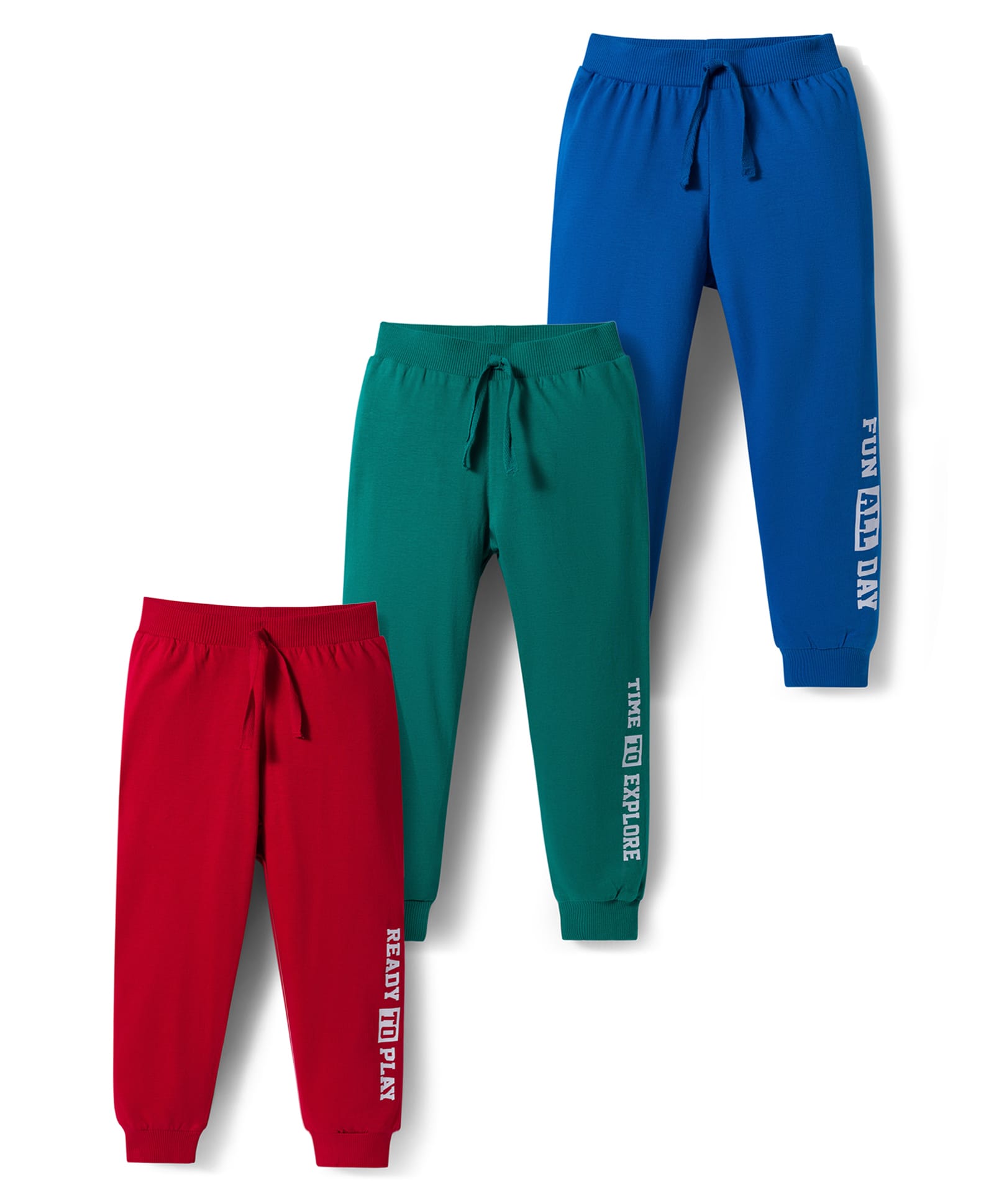 Babyhug Single Jersey Knit Full Length Lounge Pant With Text Print Pack Of 3 - Red Blue & Green-picture-24