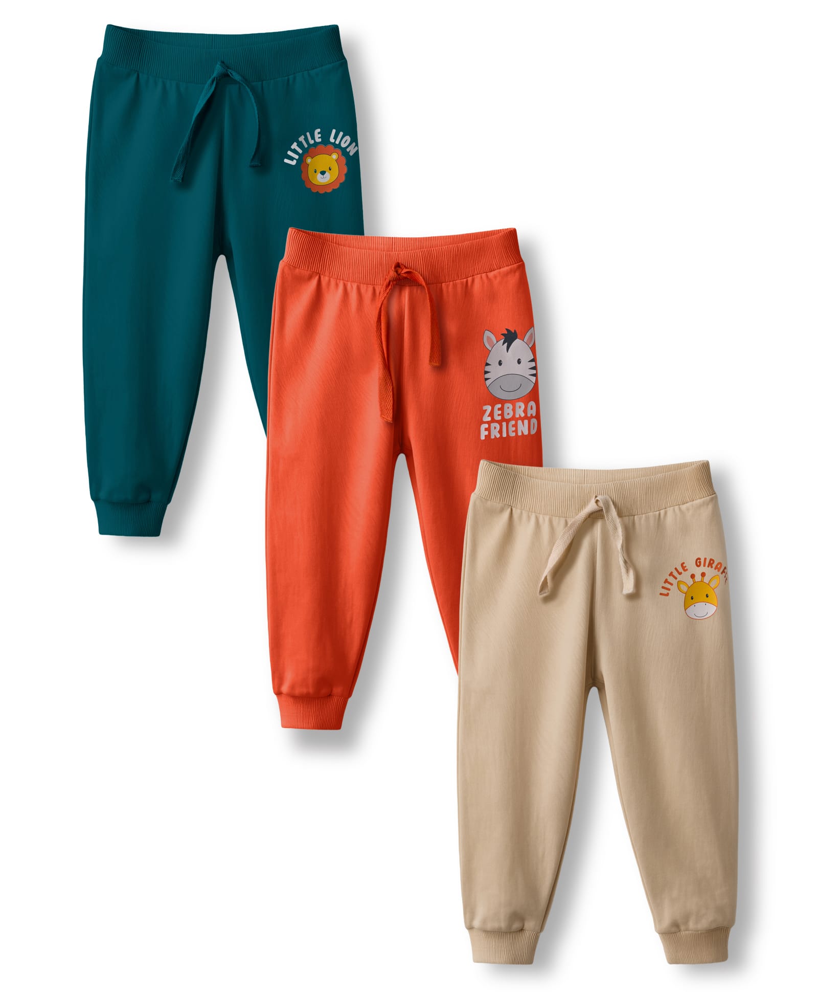 Babyhug Cotton Single Jersey Knit Full Length Lounge Pant With Animal Print Pack Of 3 - Teal Blue Orange & Beige-picture-11