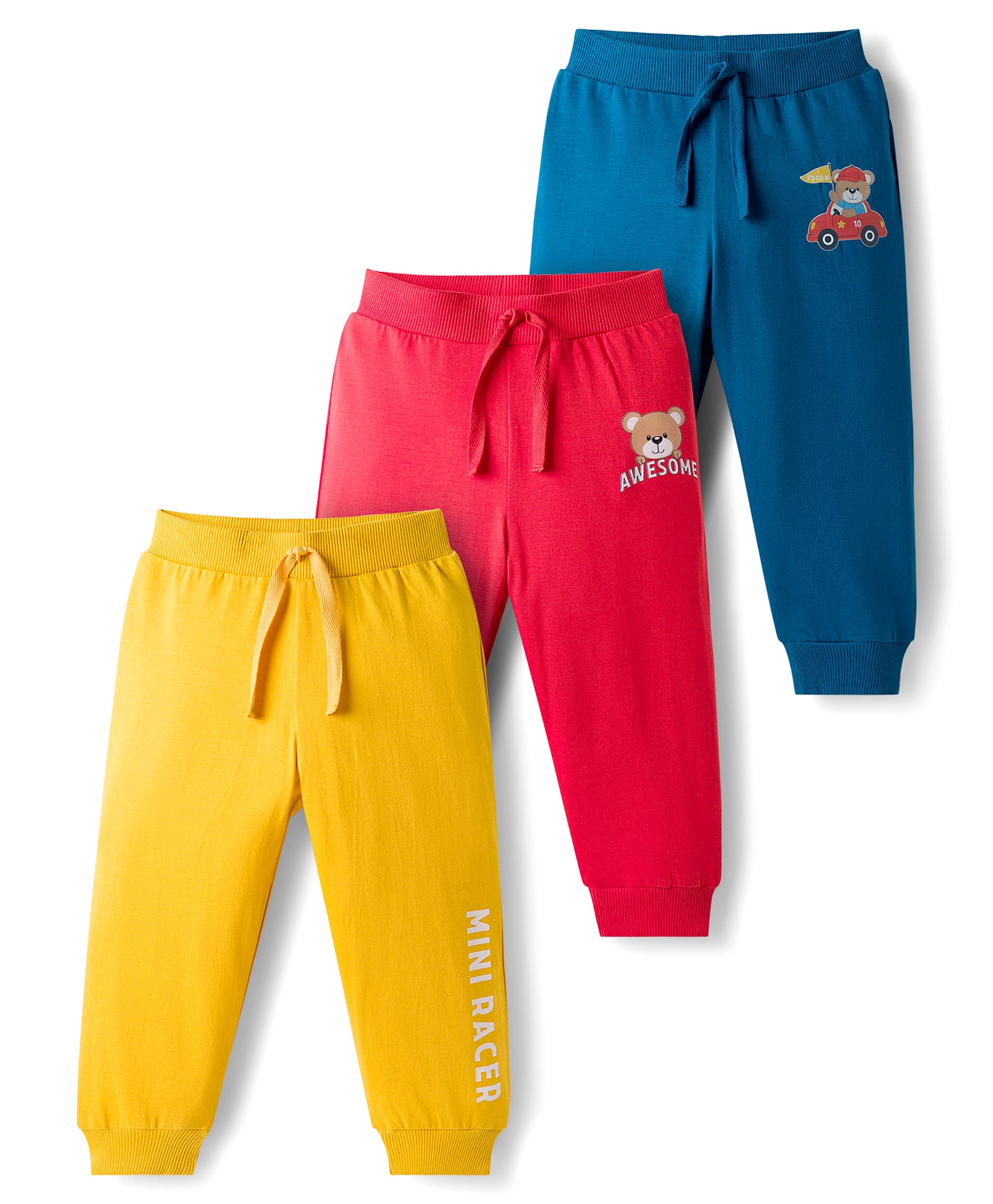 Babyhug Cotton Single Jersey Knit Full Length Lounge Pant With Vehicle Print Pack Of 3 - Yelllow Navy Blue & Red-picture-16