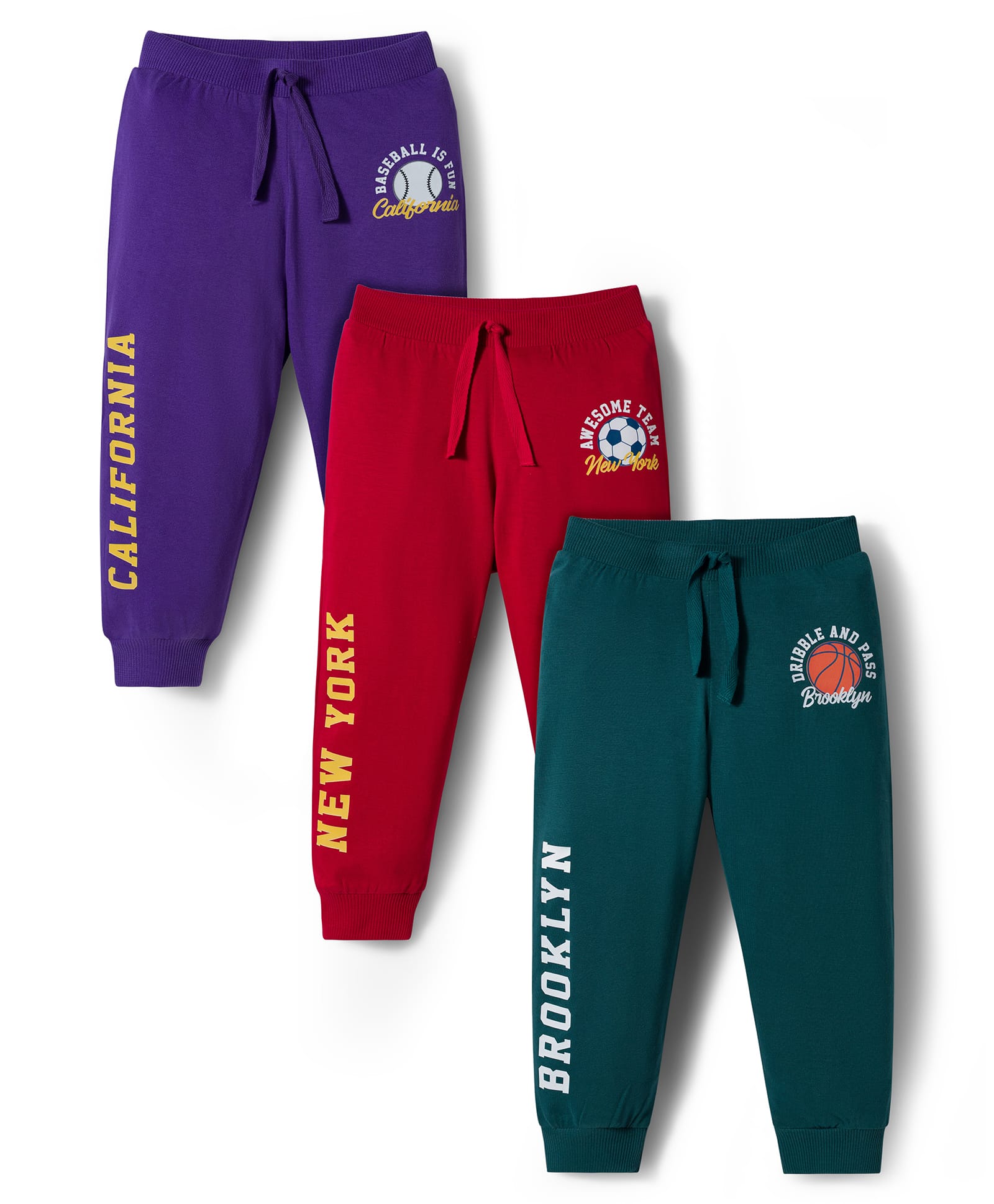 Babyhug Cotton Knit Full Length Lounge Pants with Sports Theme Print Pack of 3 - Red Green & Purple-picture-22