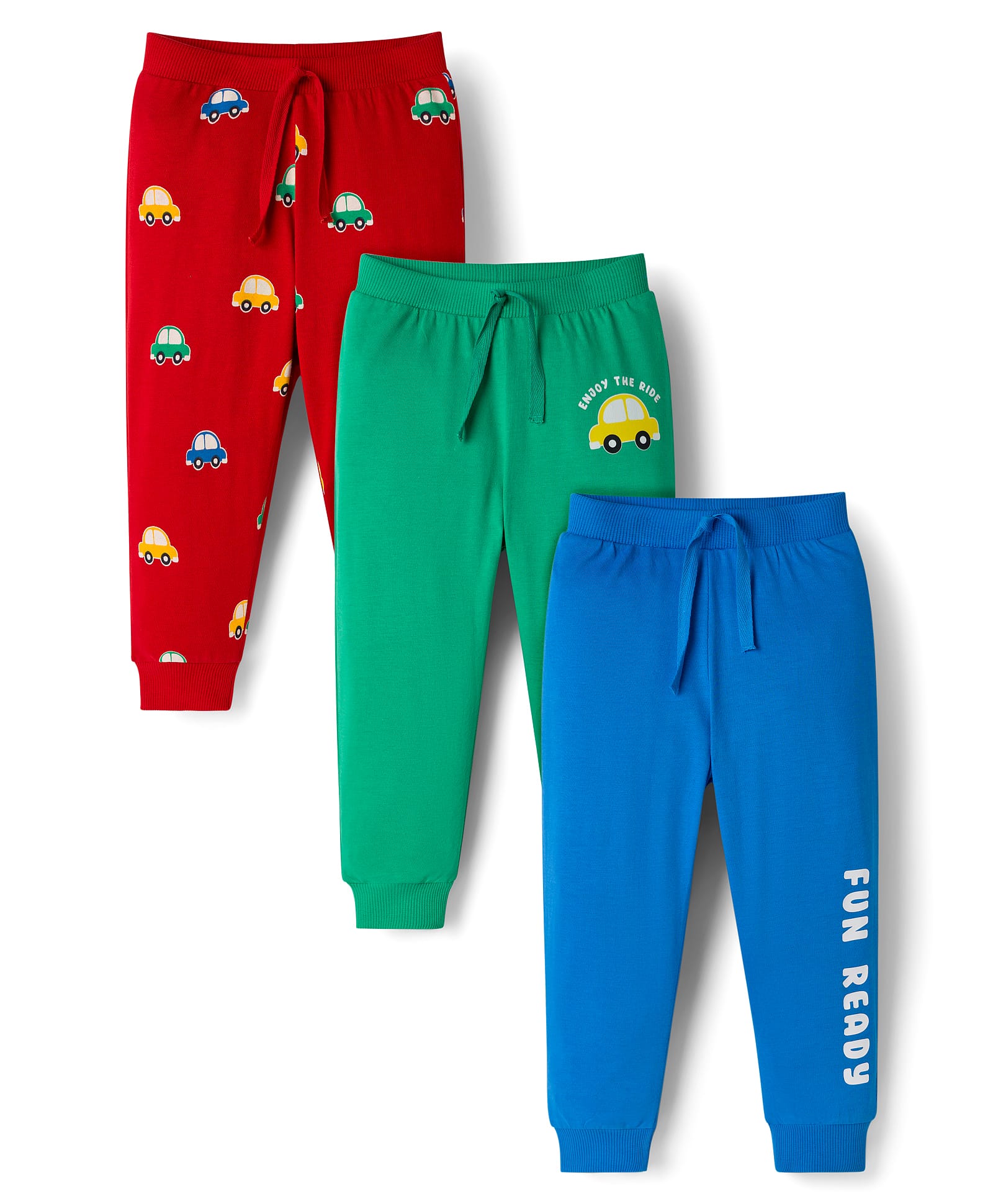 Babyhug Cotton Knit Full Length Lounge Pants with Car Print Pack of 3 - Red Blue & Green-image-41