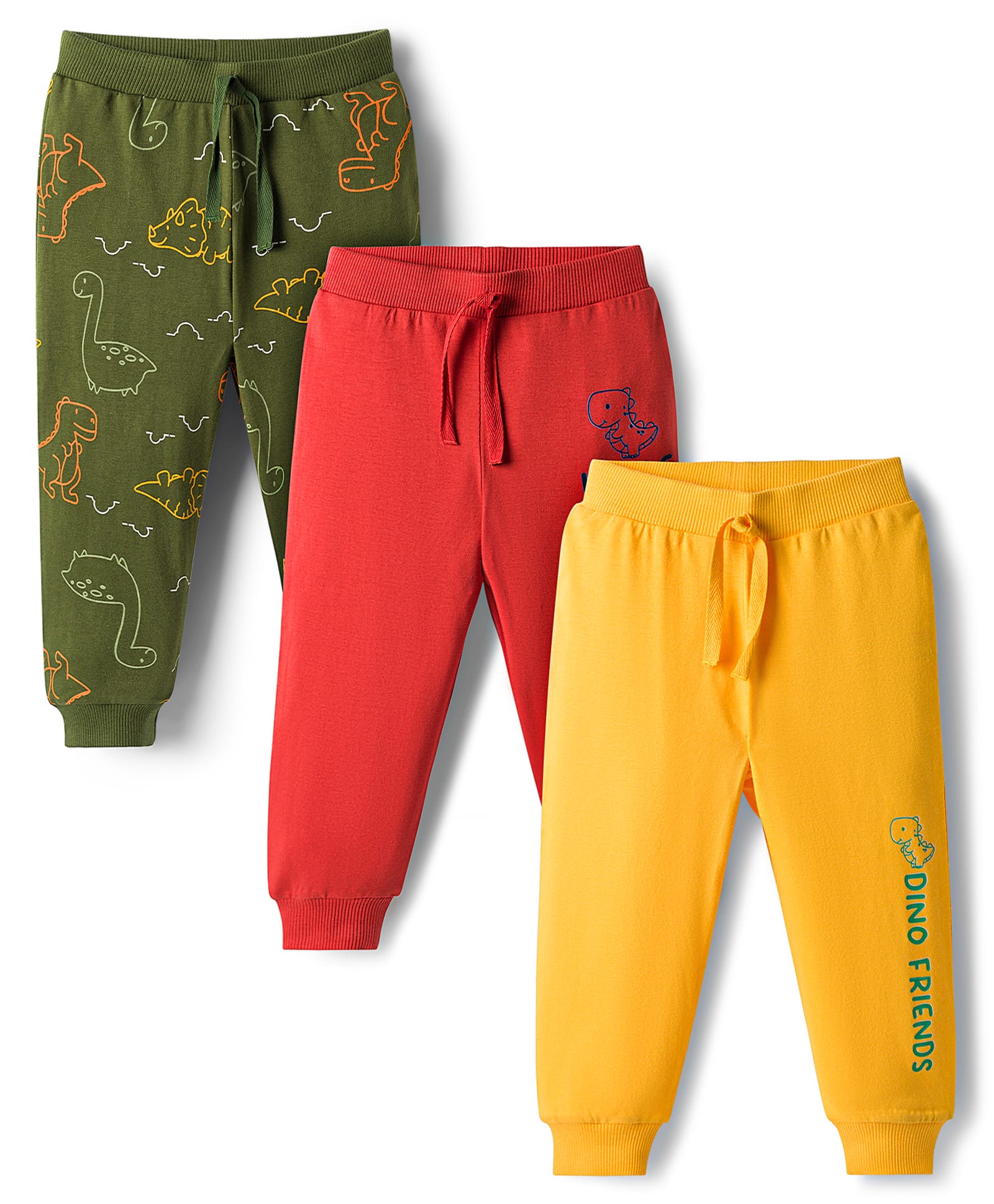 Babyhug Cotton Knit Full Length Lounge Pants with Dino Print Pack of 3 - Red Yellow & Green