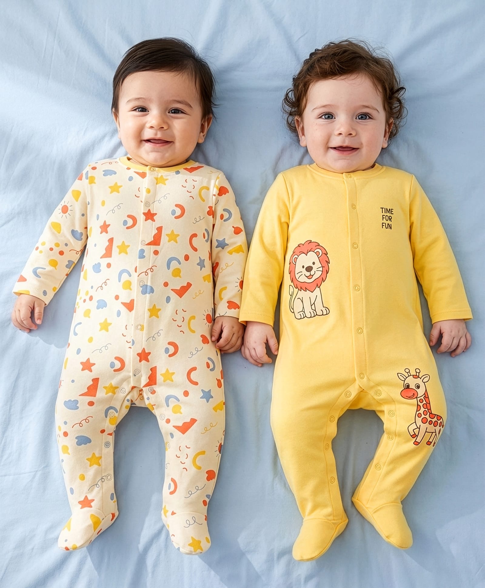 Babyoye 100% Cotton Knit Full Sleeves Front Open Lion & Star Printed Footed Sleep Suit Pack Of 2 - Yellow & Cream-image-39