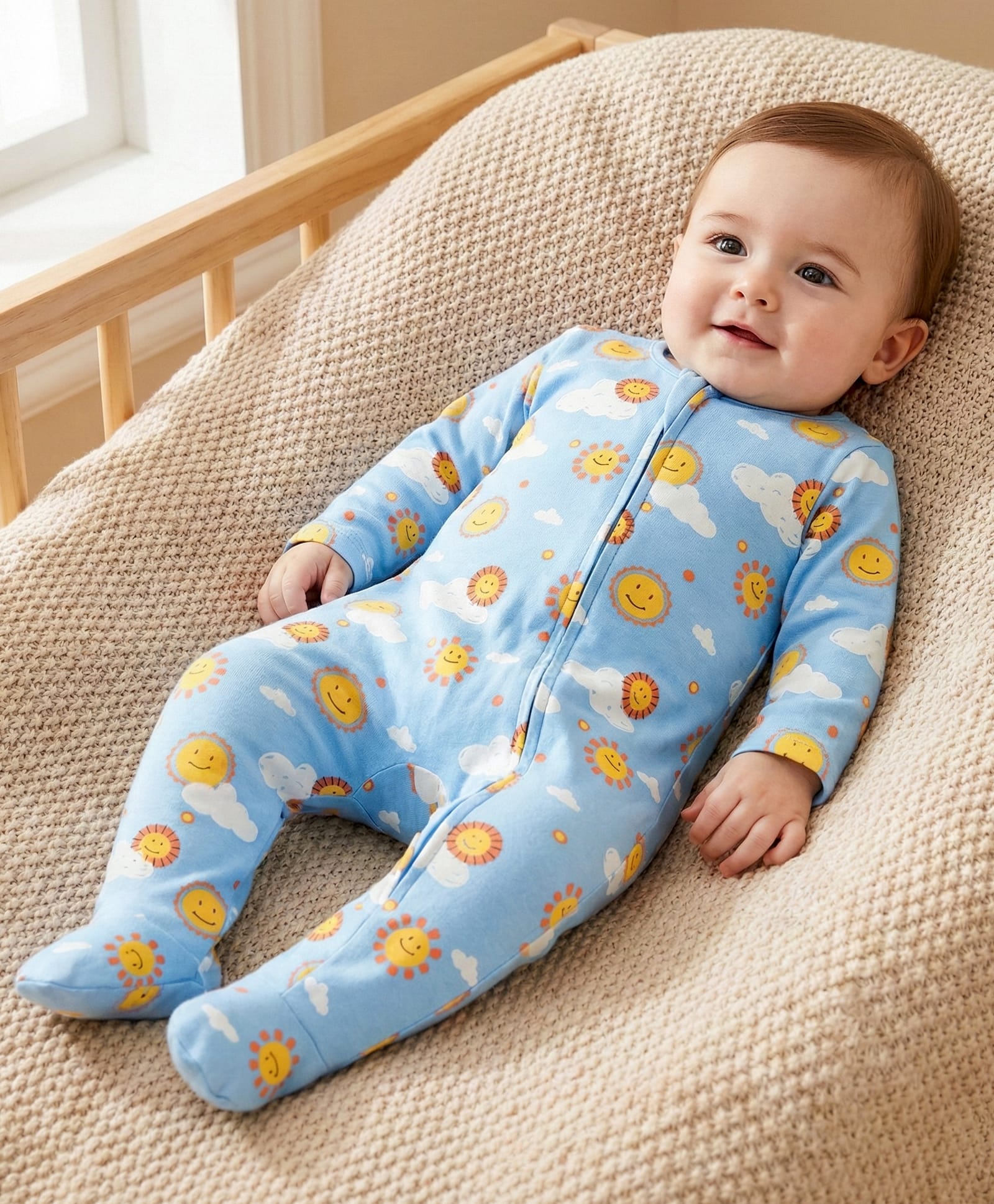 Babyoye 100% Cotton Interlock Knit Footed Sleepsuit With Sun Print - Light Blue-image-40