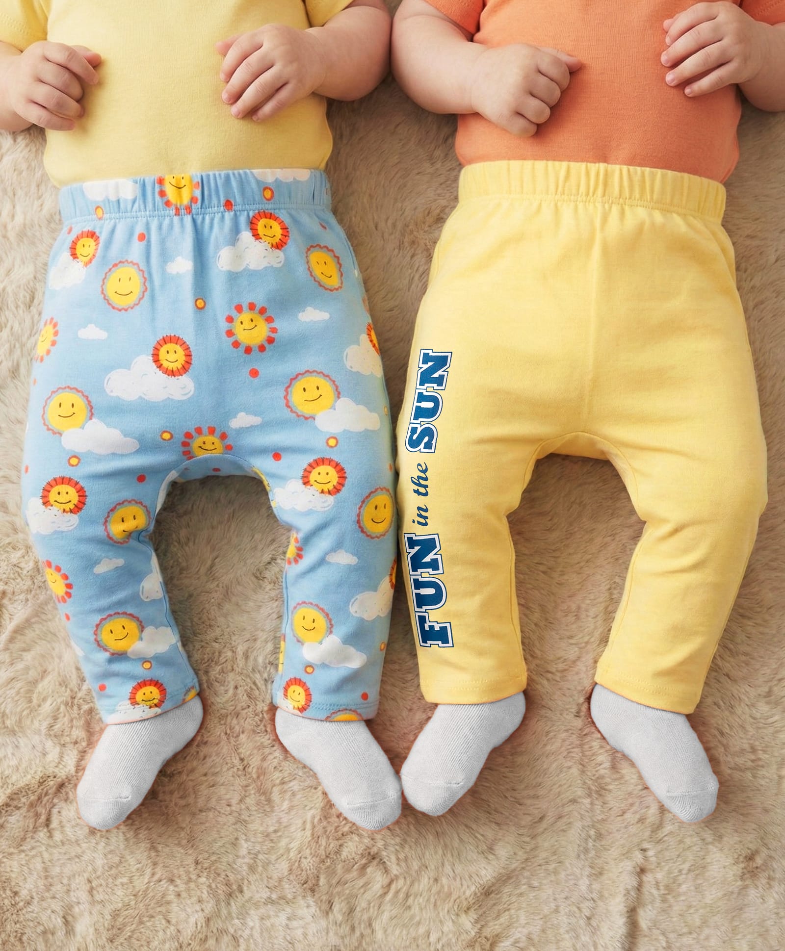 Babyoye 100% Cotton Knit Full Length Diaper Leggings With Sun & Text Print Pack of 2 - Light Blue & Yellow-picture-42