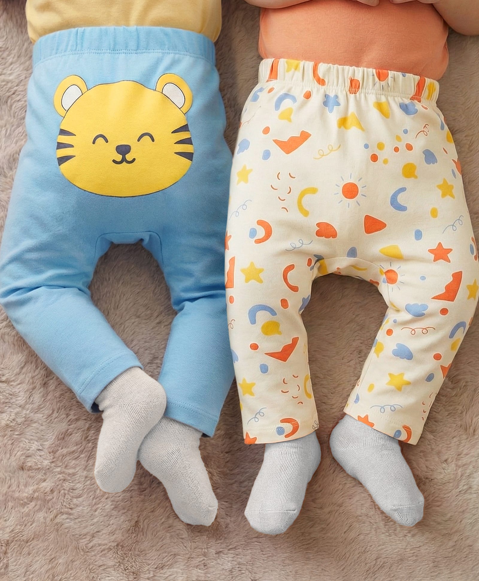 Babyoye 100% Cotton Knit Full Length Printed Diaper Leggings Pack of 2 - Light Blue & Cream-image-5