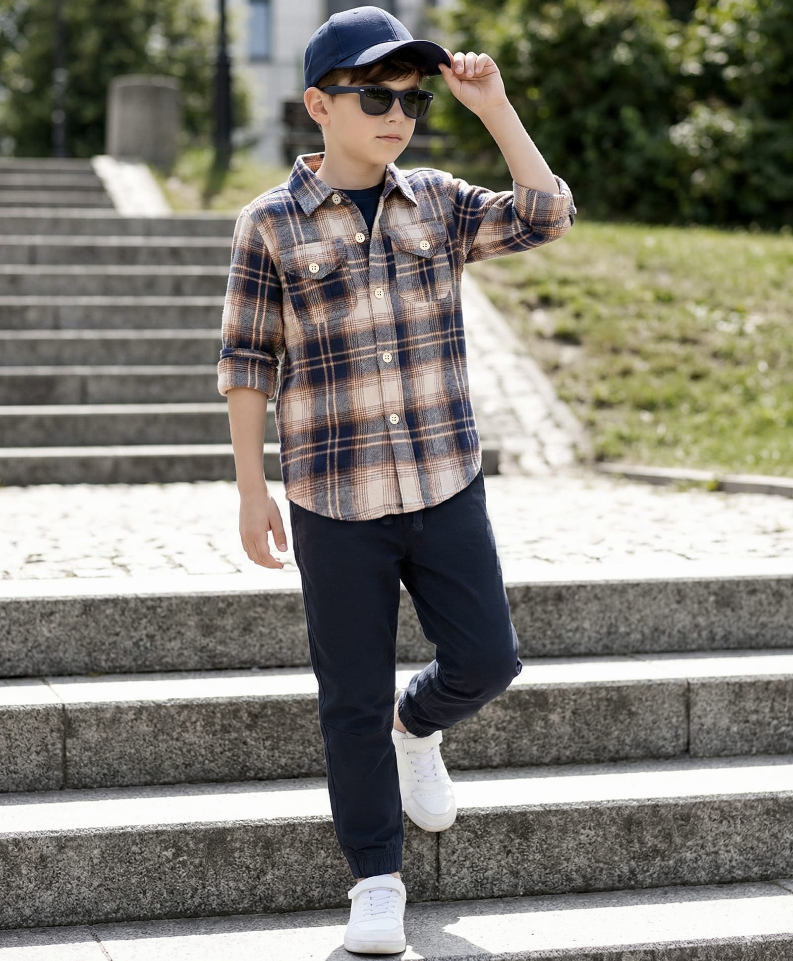 OLLINGTON ST. Cotton Woven Full Sleeves Checkered Shirt & Joggers Set - Multicolor & Brown-picture-18